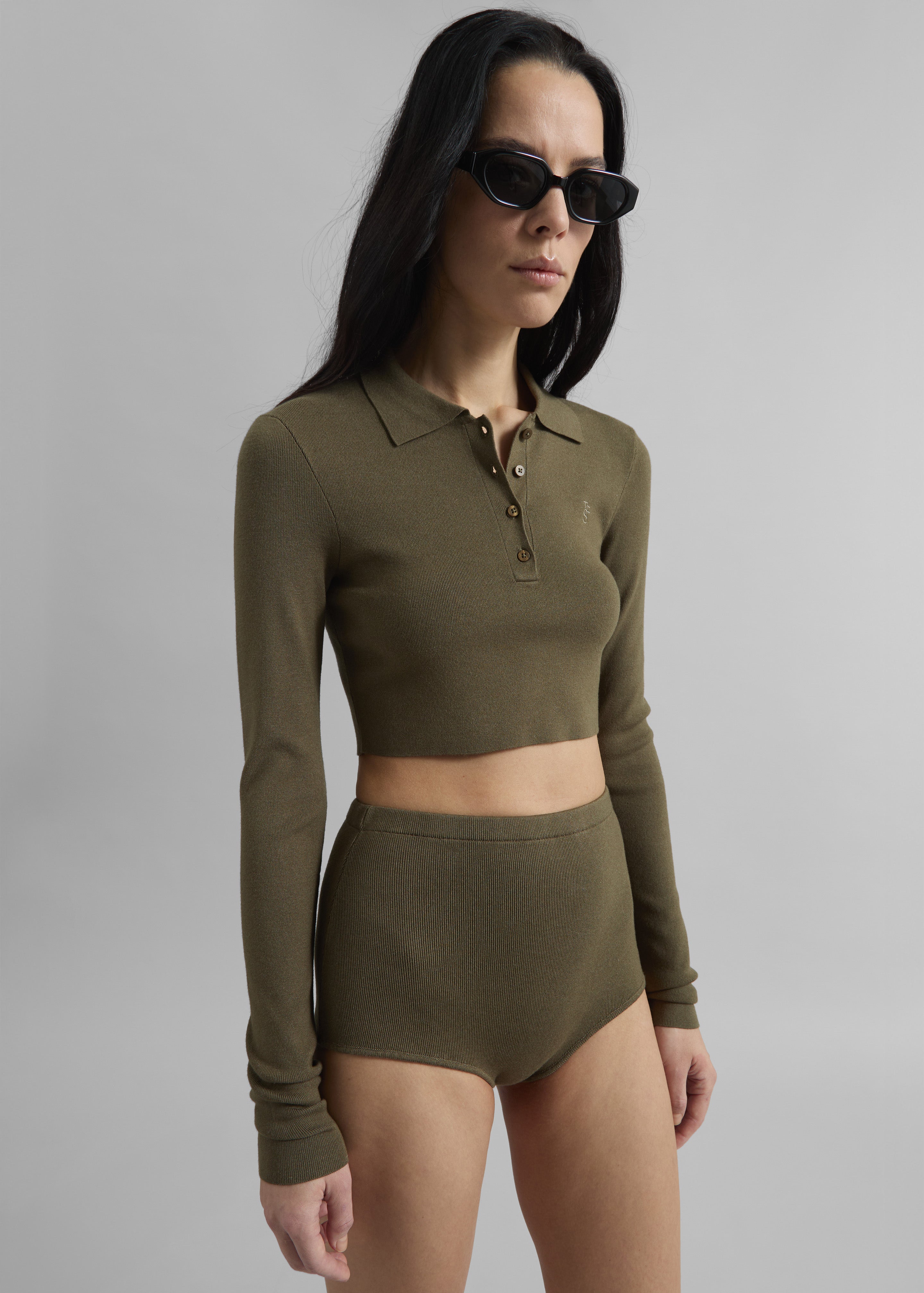 Giselle Cropped Knit Polo - Khaki - 5