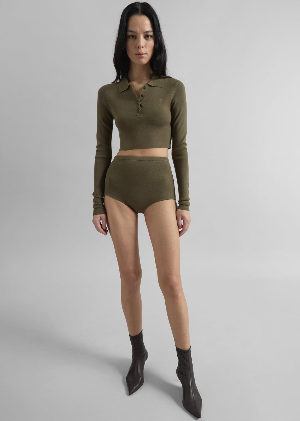 Giselle Cropped Knit Polo - Khaki