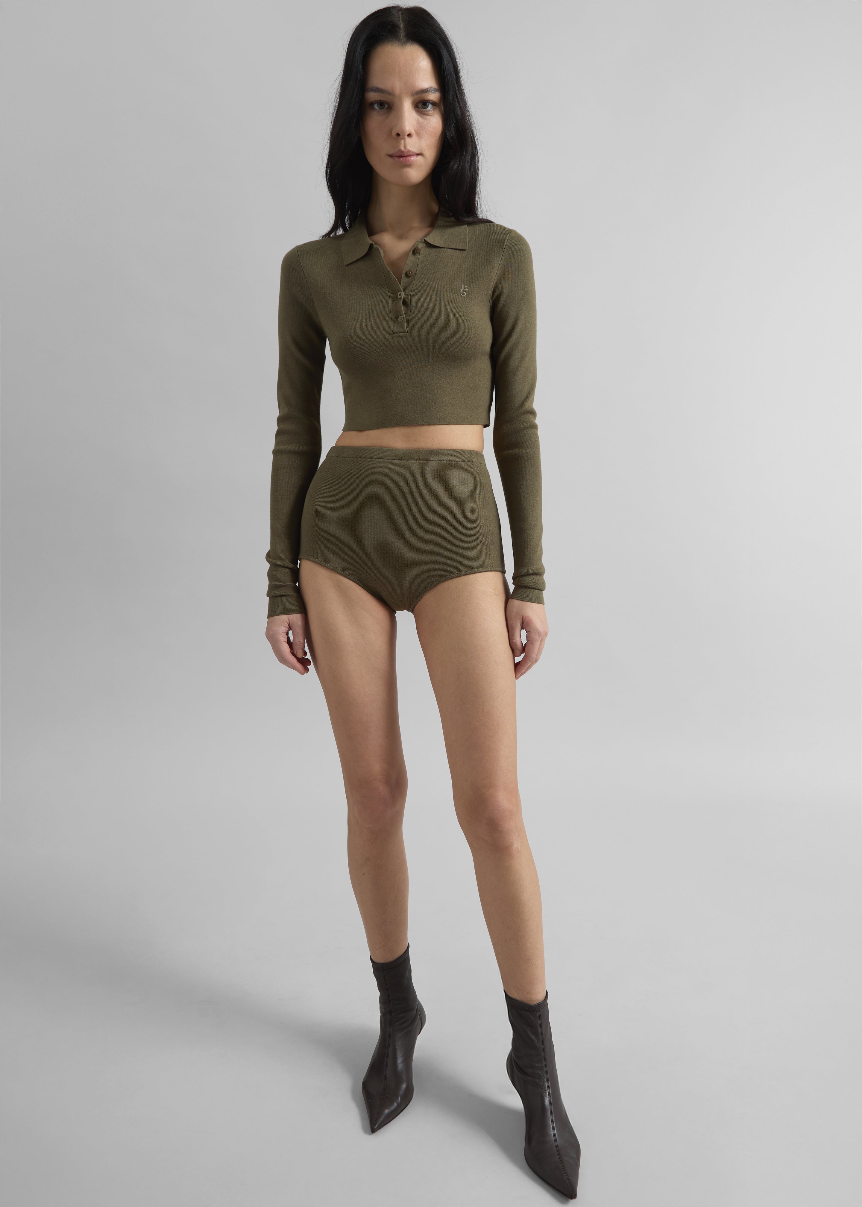 Giselle Cropped Knit Polo - Khaki - 1