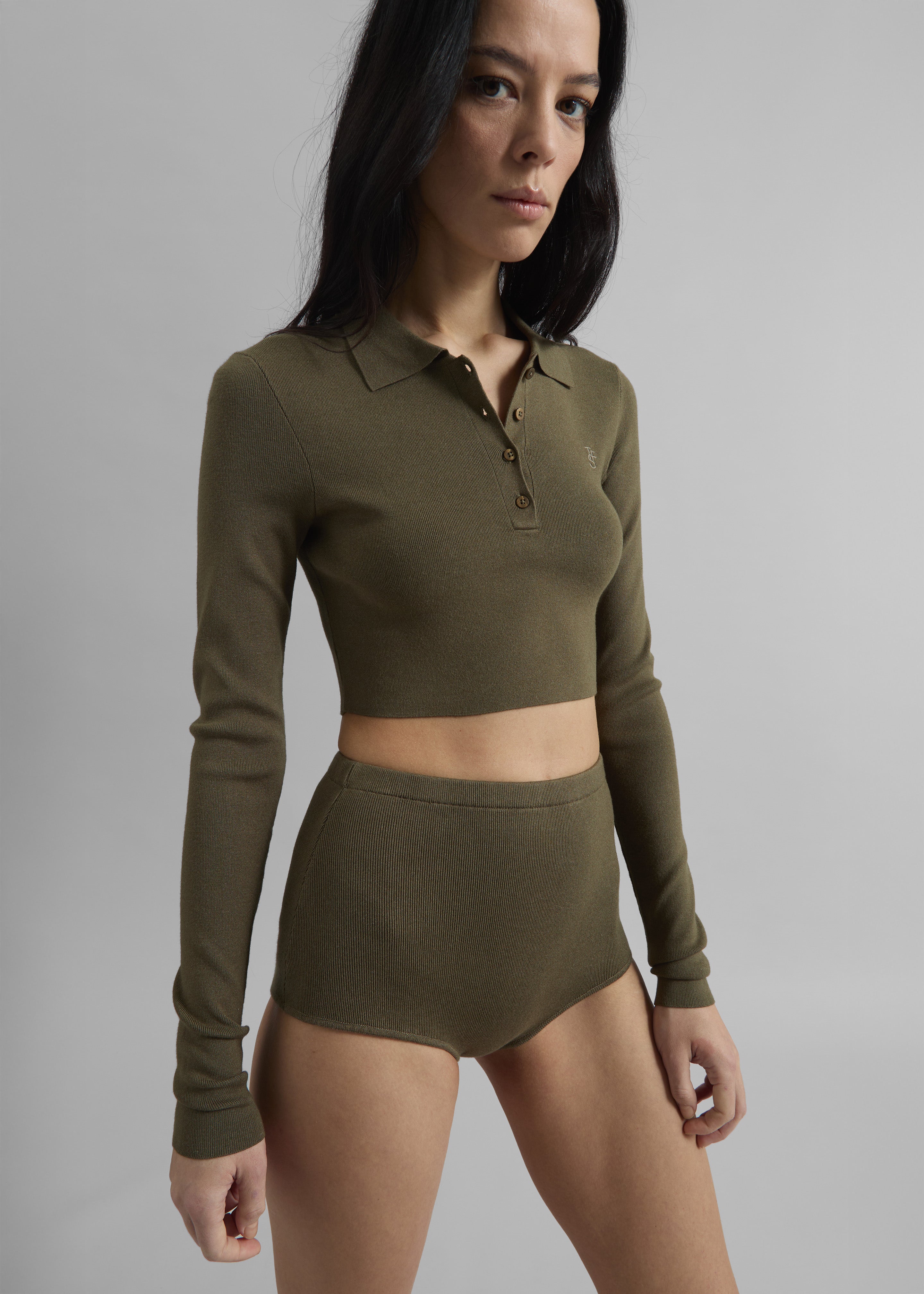 Giselle Cropped Knit Polo - Khaki - 7