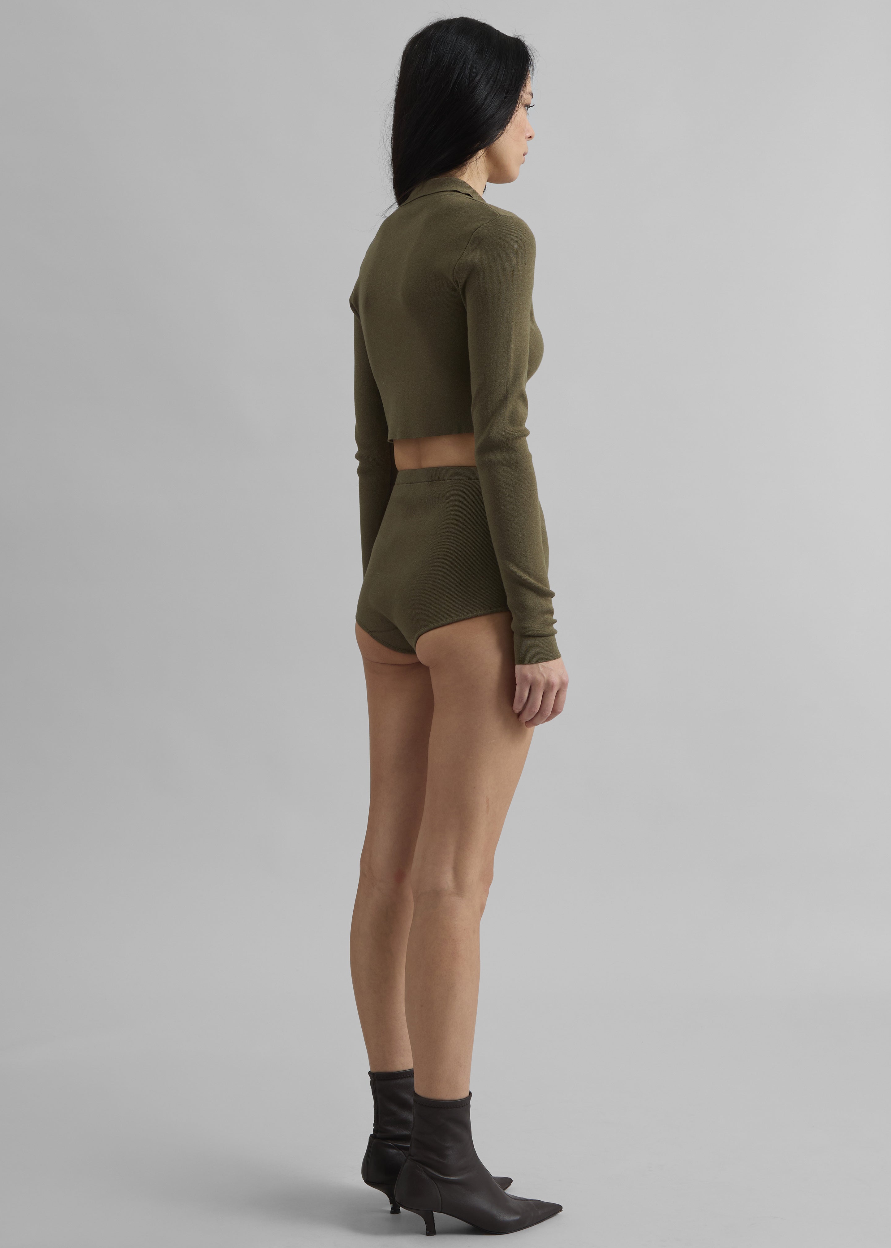 Giselle Cropped Knit Polo - Khaki - 8