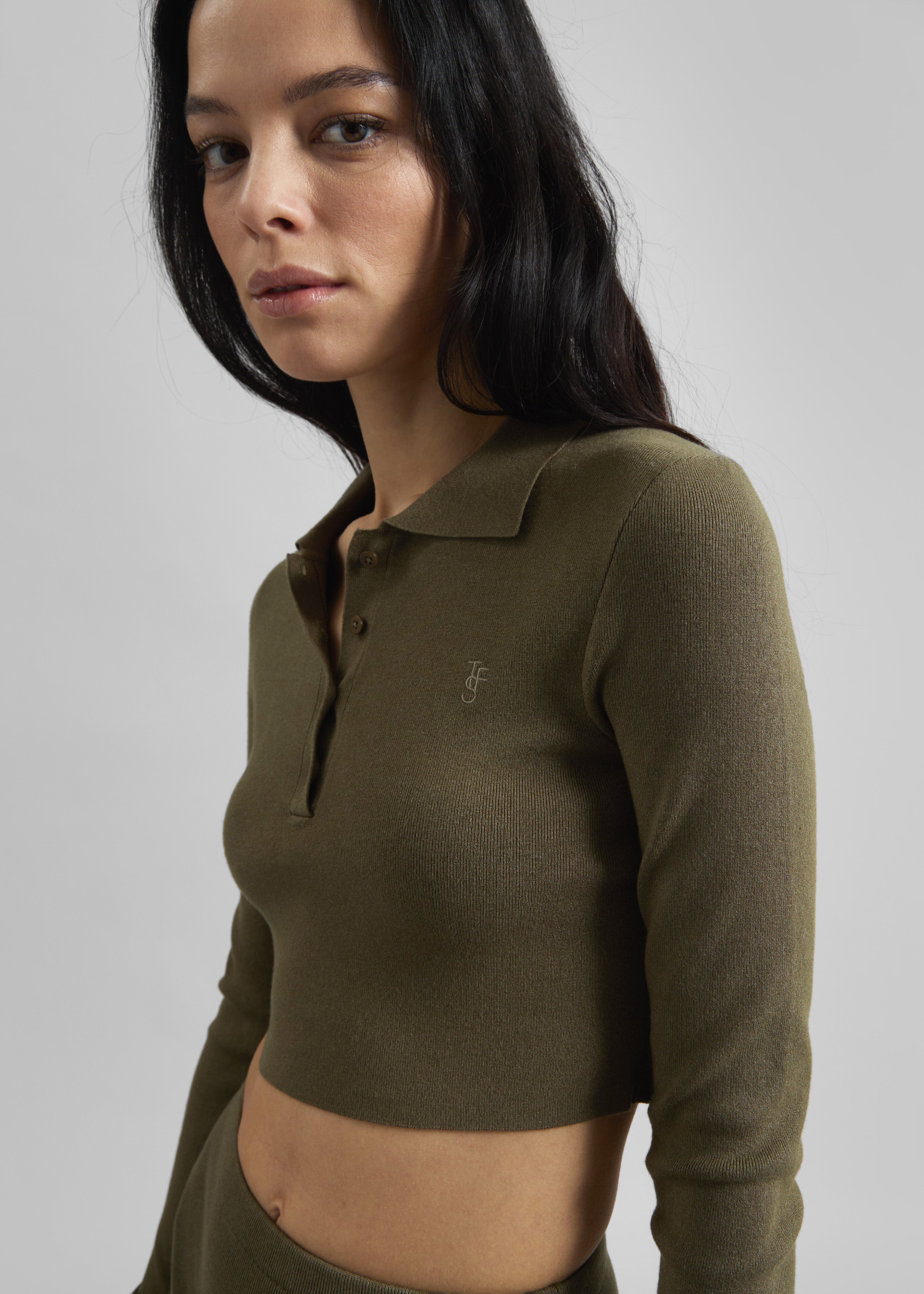 Giselle Cropped Knit Polo - Khaki - 4