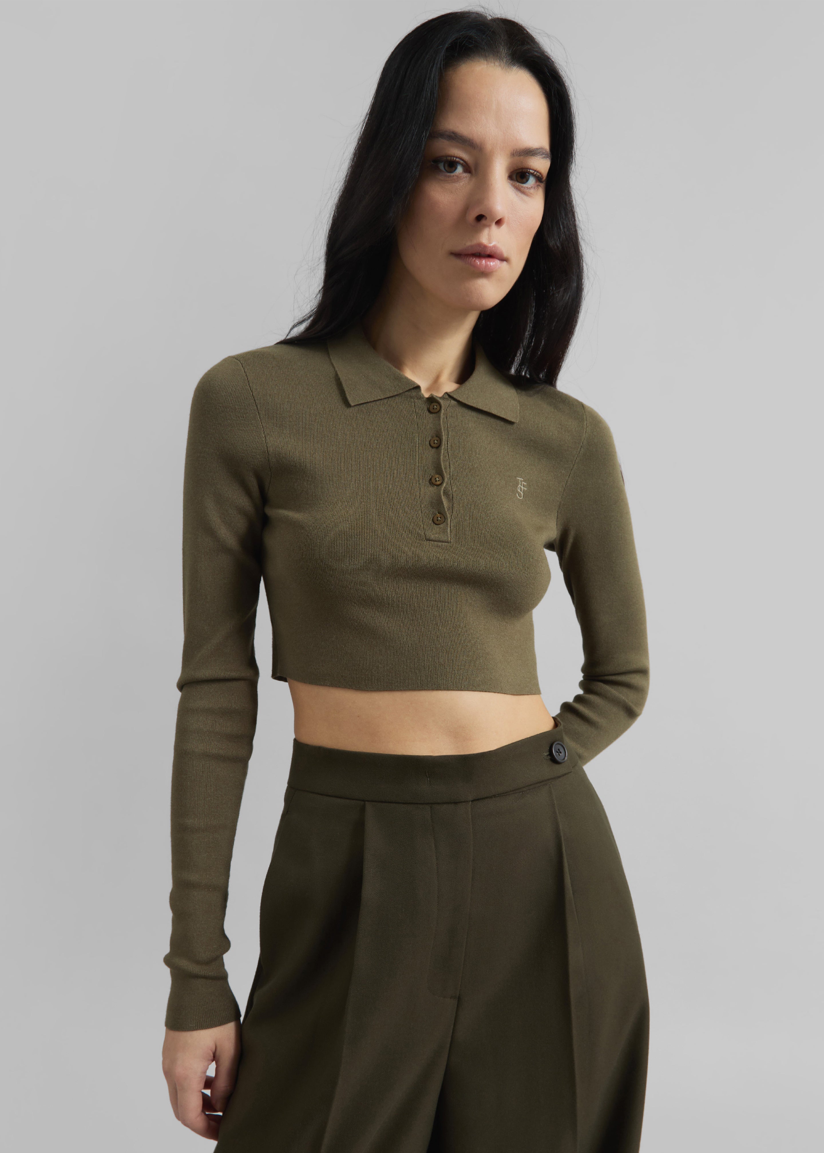 Giselle Cropped Knit Polo - Khaki - 3