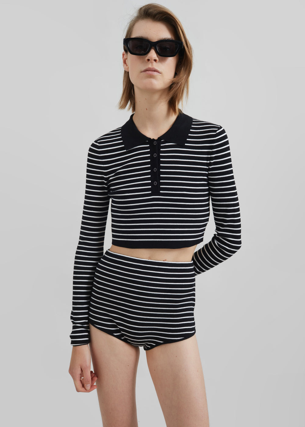 Giselle Cropped Striped Knit Polo - Black/White Stripe