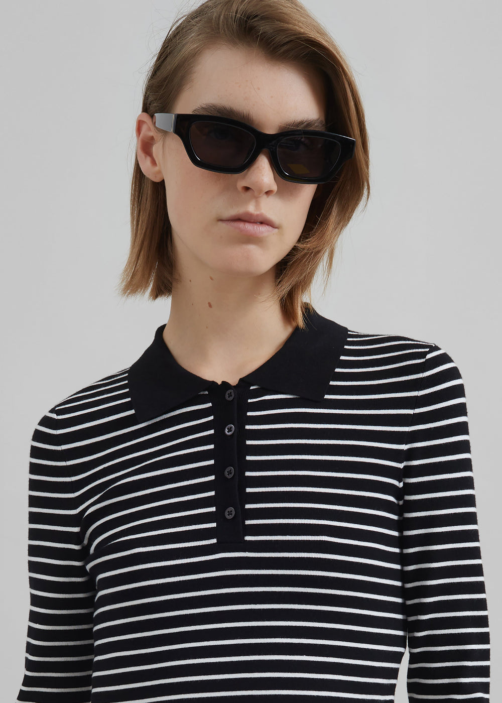 Giselle Cropped Striped Knit Polo - Black/White Stripe - 1