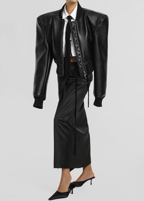Glane Faux Leather Bomber Jacket - Black