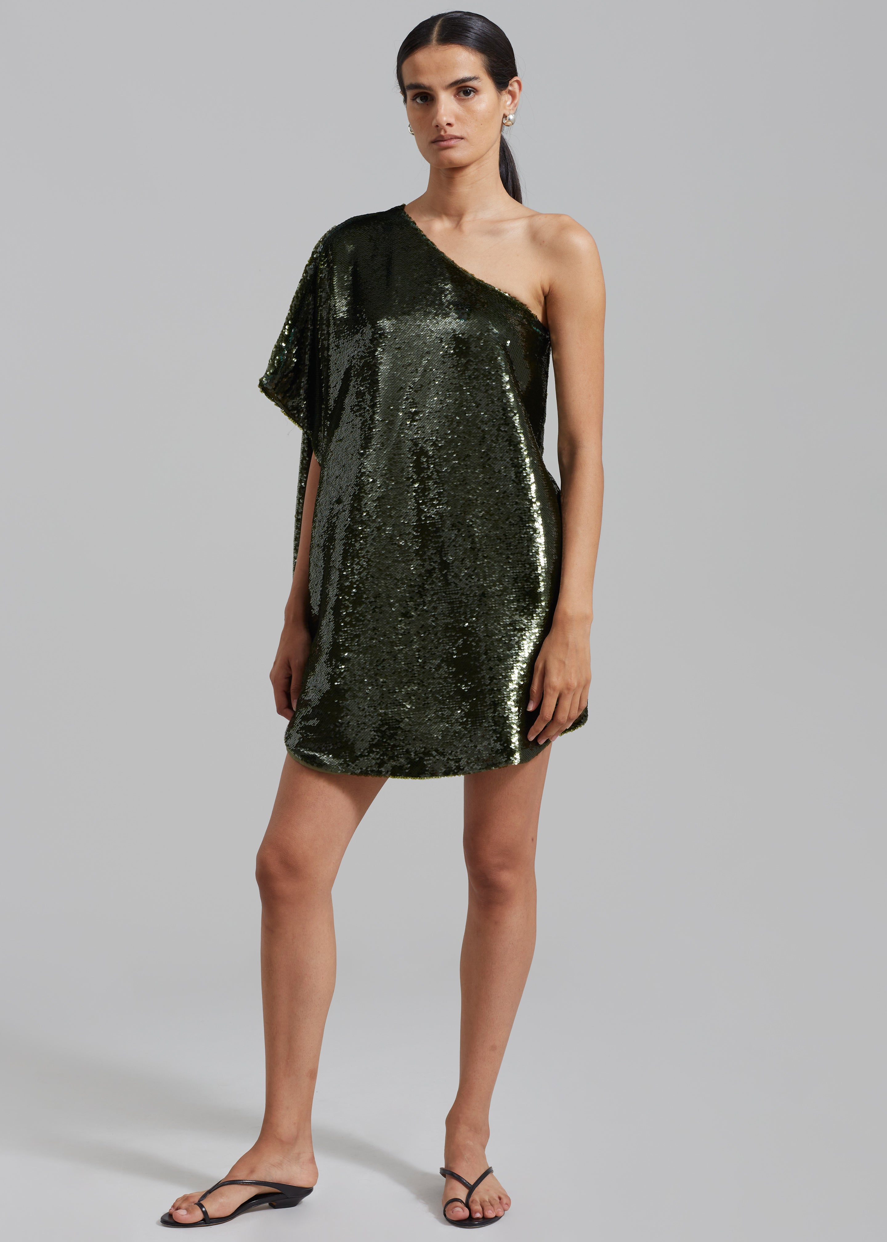 Gloria Sequins One Shoulder Dress - Olive - 2
