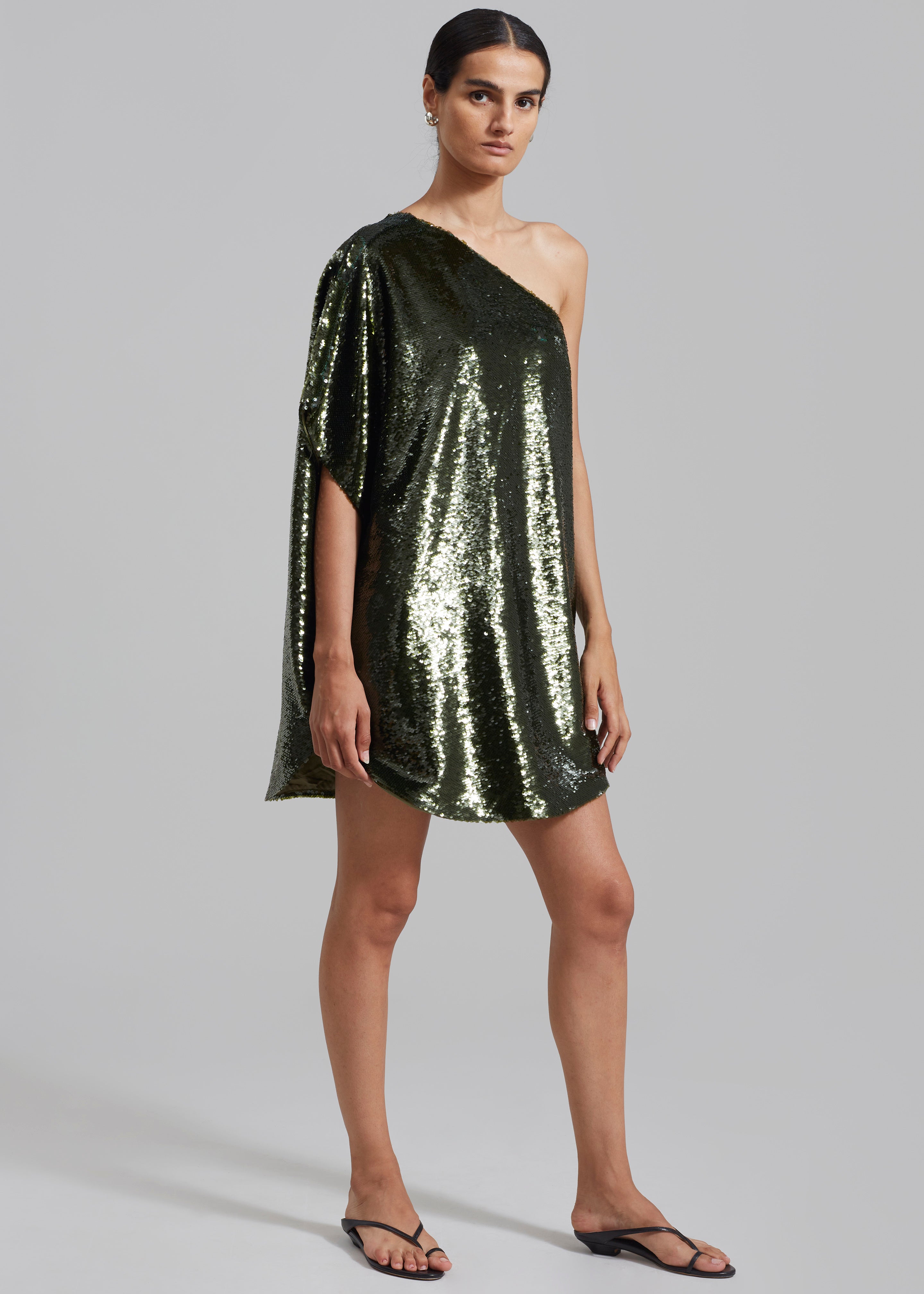Gloria Sequins One Shoulder Dress - Olive - 4