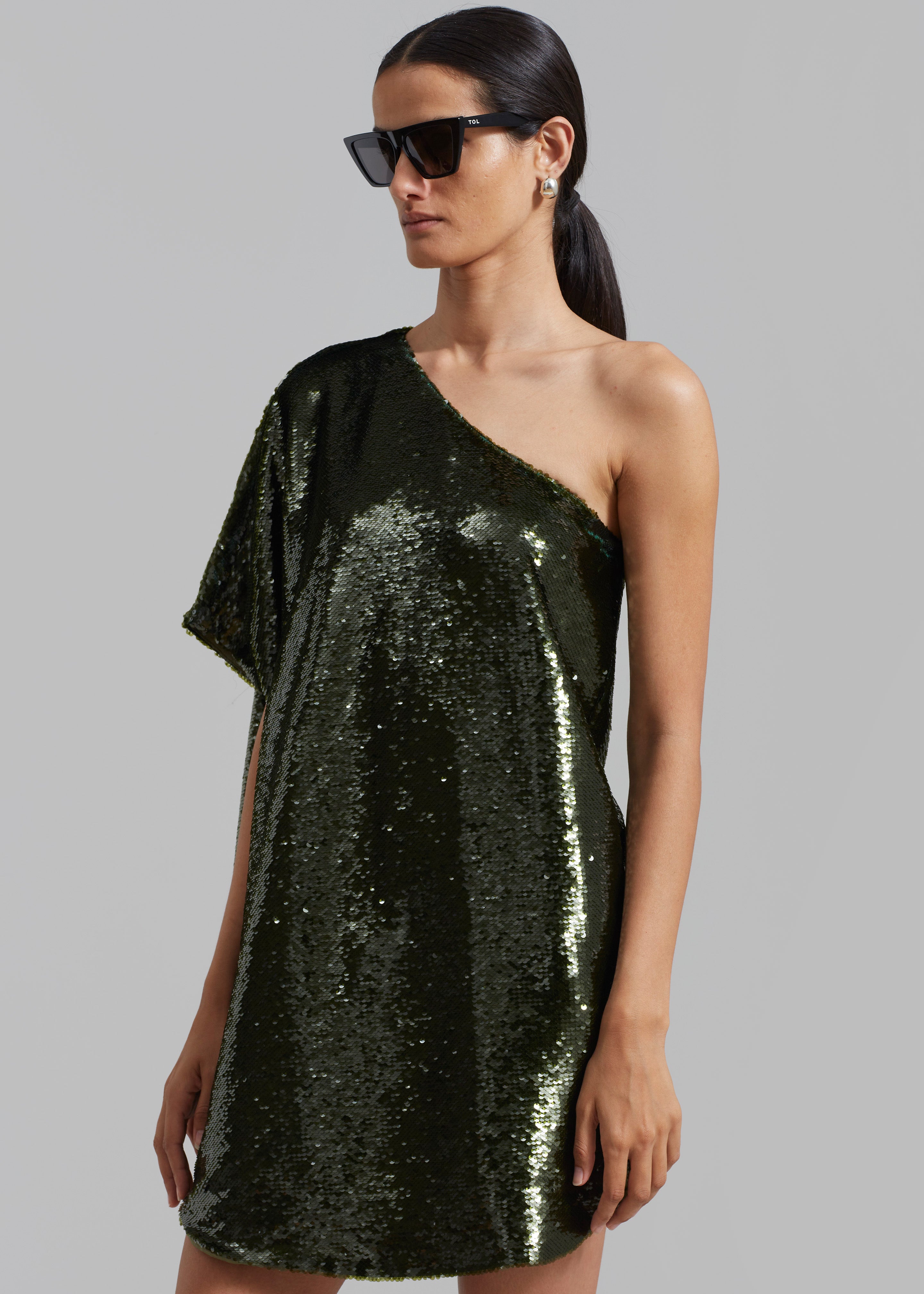 Gloria Sequins One Shoulder Dress - Olive - 5