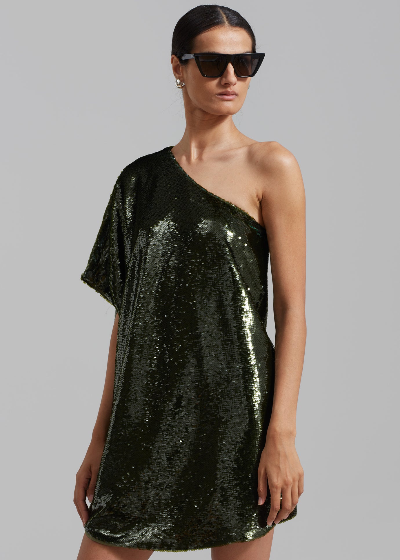 Gloria Sequins One Shoulder Dress - Olive
