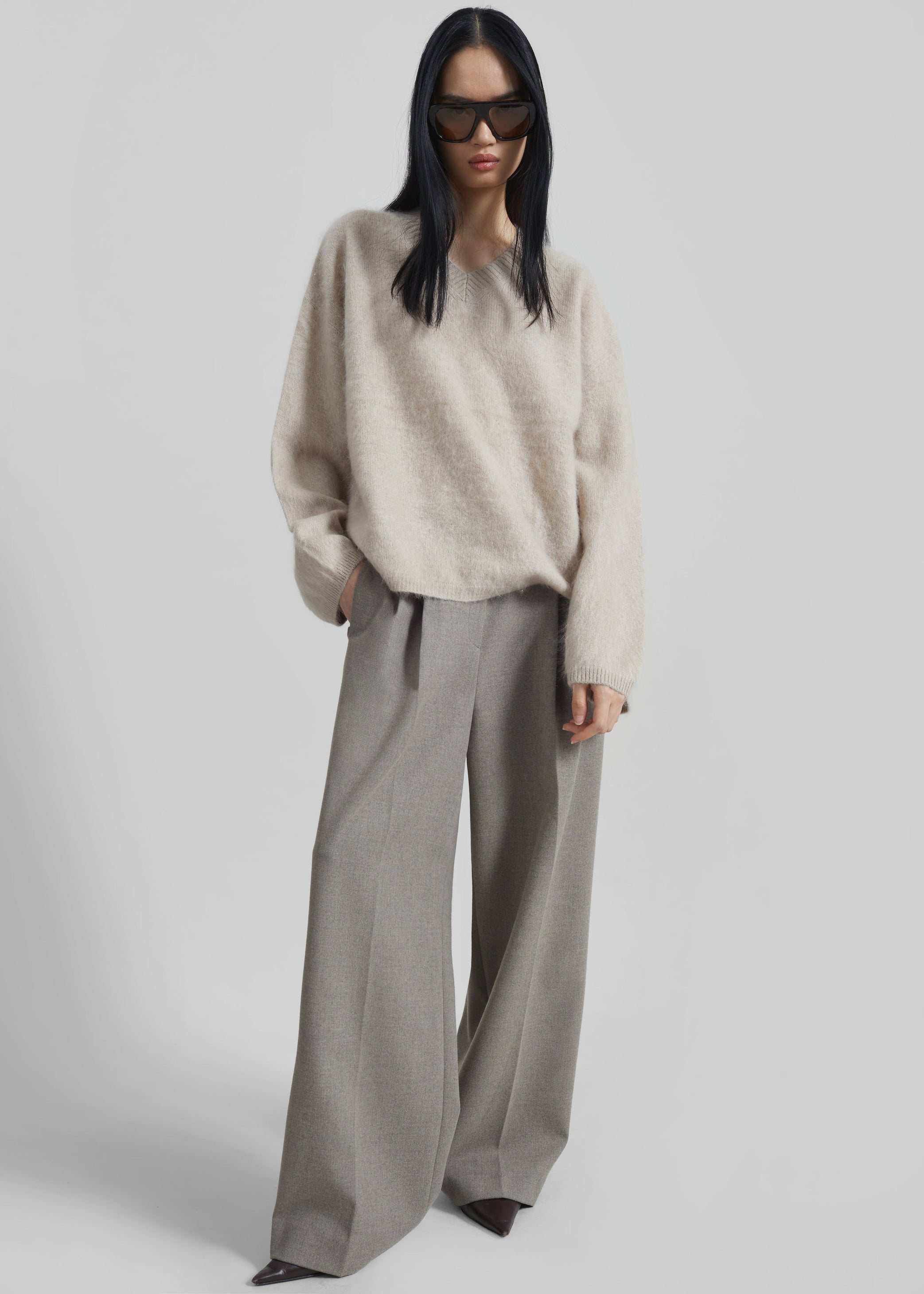 Shop the look image for Haflso Pleated Wide Trousers - Beige Melange