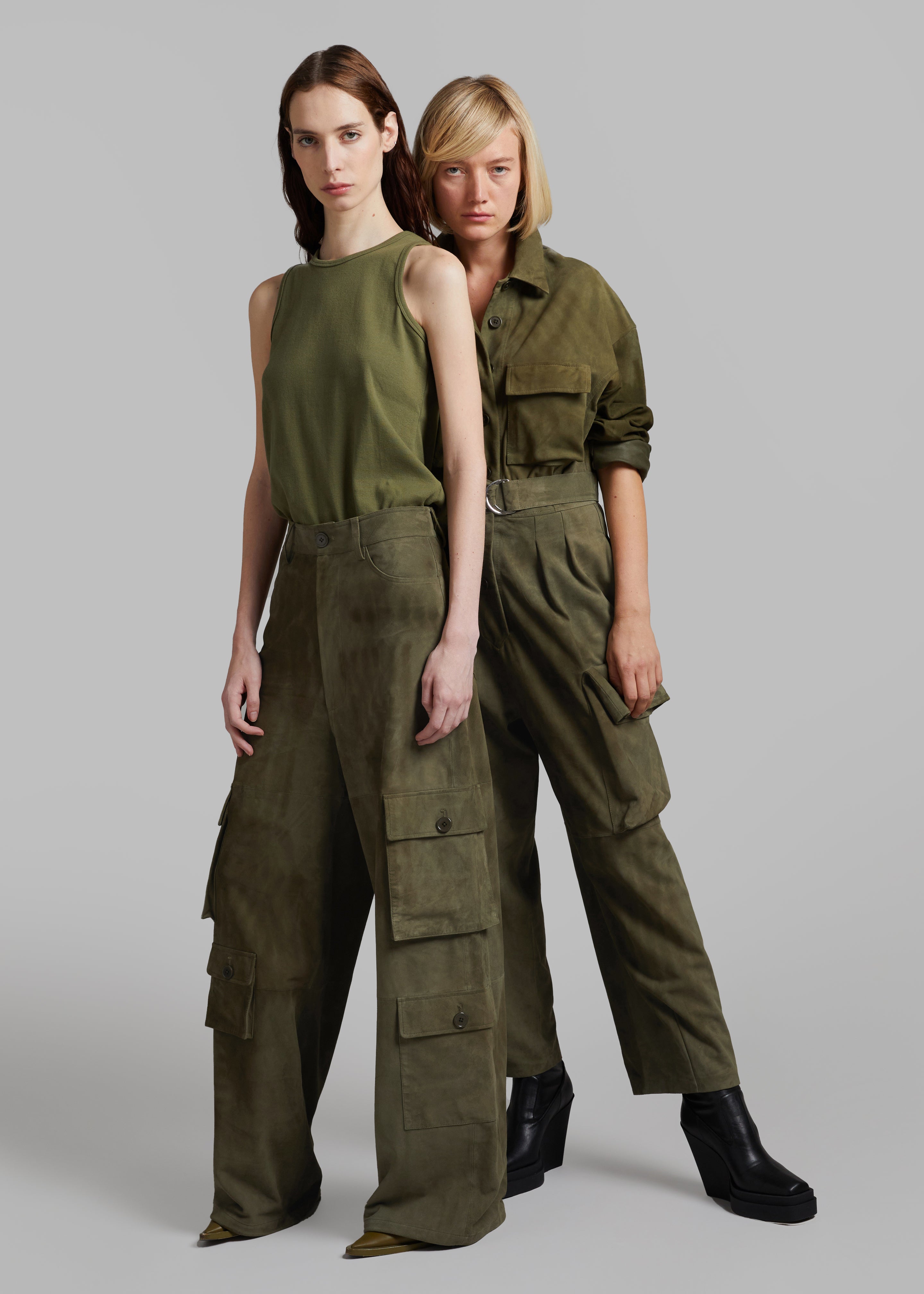 Hailey Suede Oversized Cargo Pants - Olive - 7