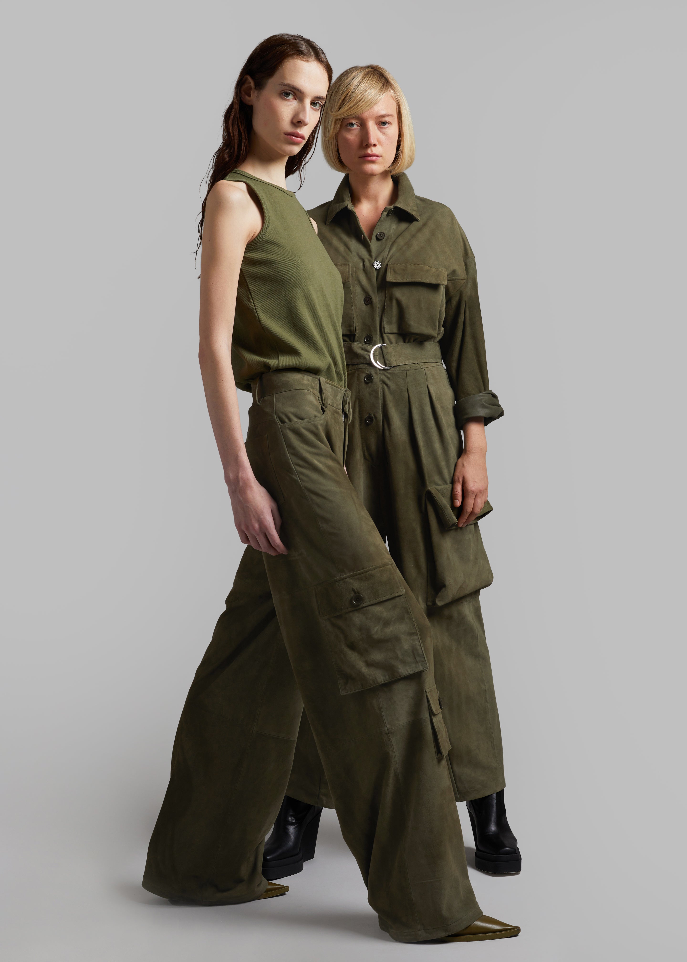 Hailey Suede Oversized Cargo Pants - Olive - 8