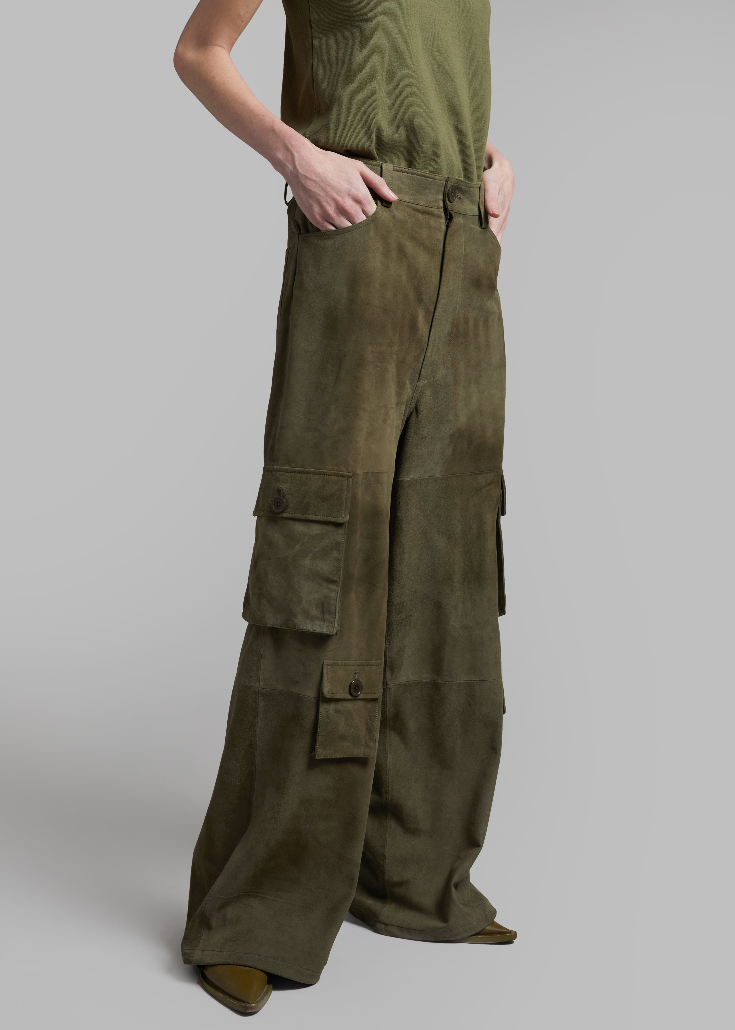 Hailey Suede Oversized Cargo Pants - Olive - 5