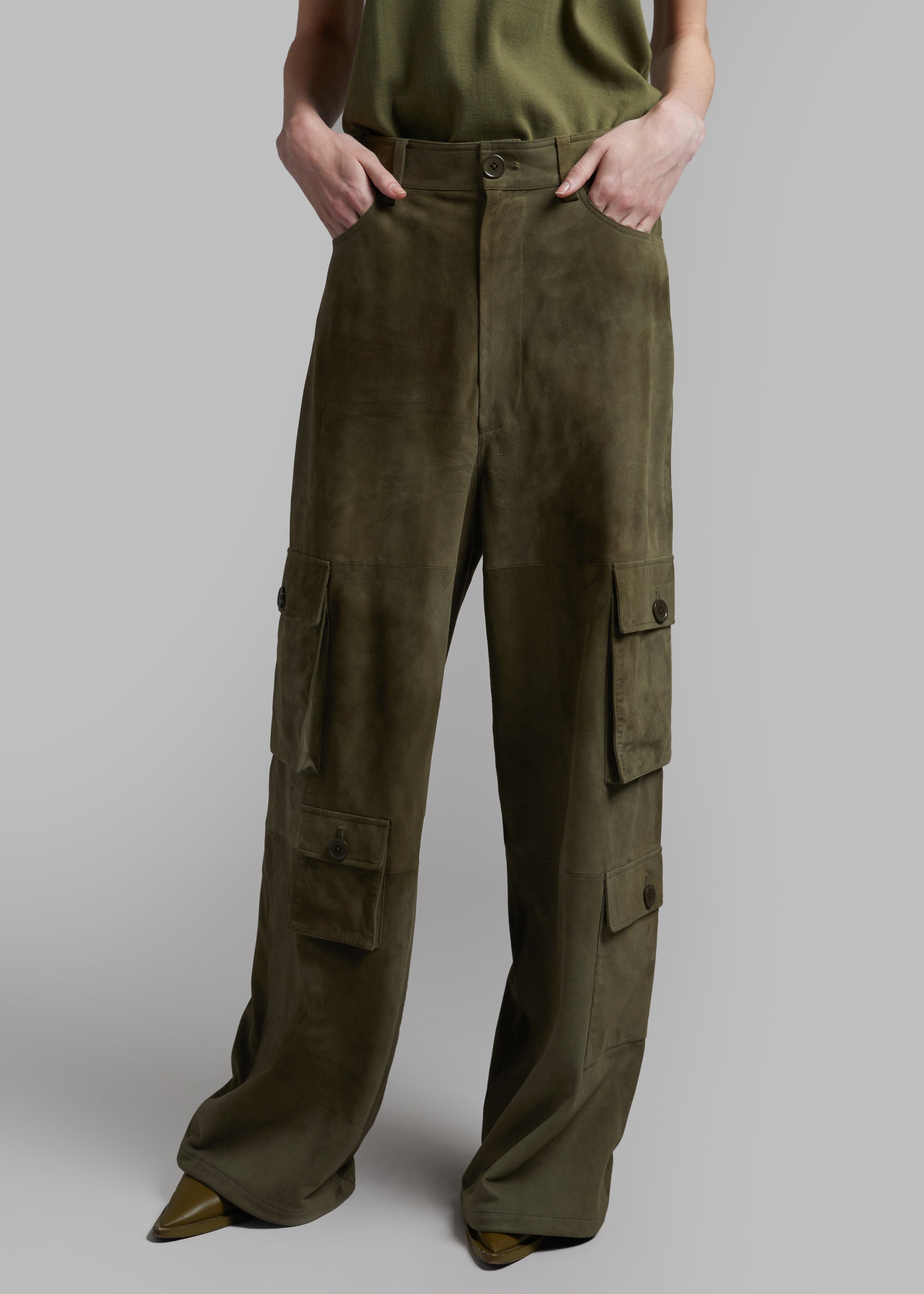 Hailey Suede Oversized Cargo Pants - Olive - 4