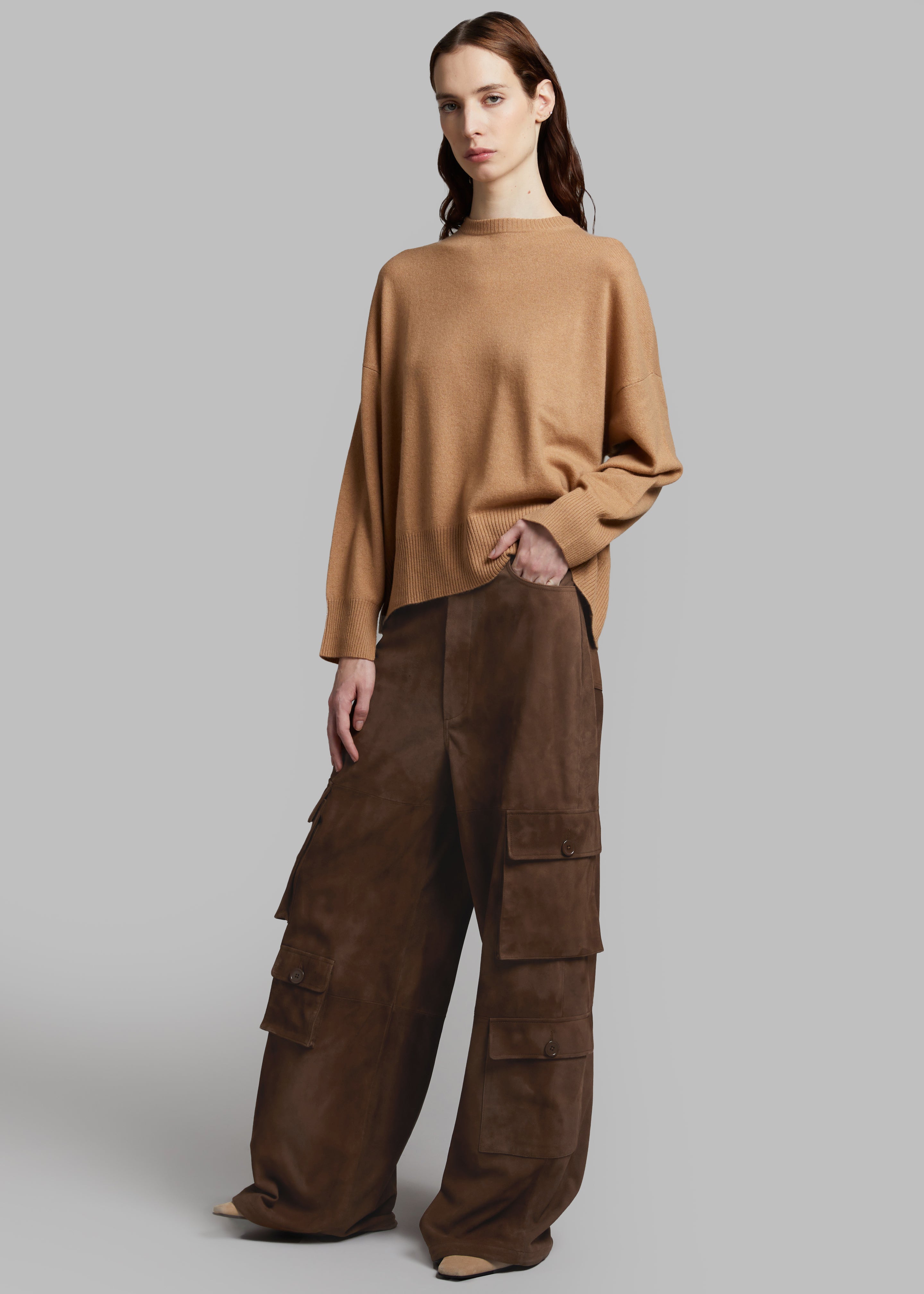 Hailey Suede Oversized Cargo Pants - Brown - 3