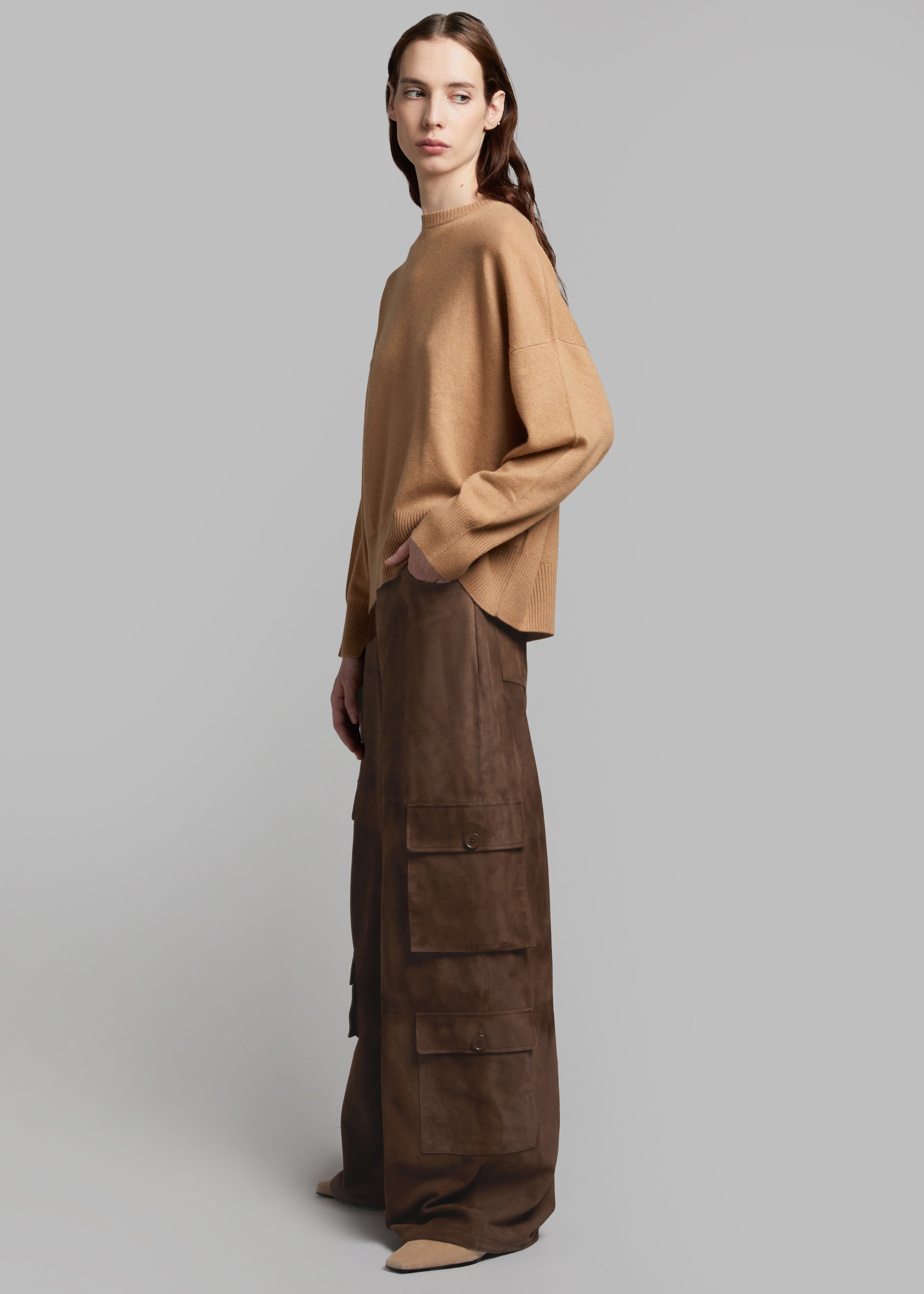 Hailey Suede Oversized Cargo Pants - Brown - 1