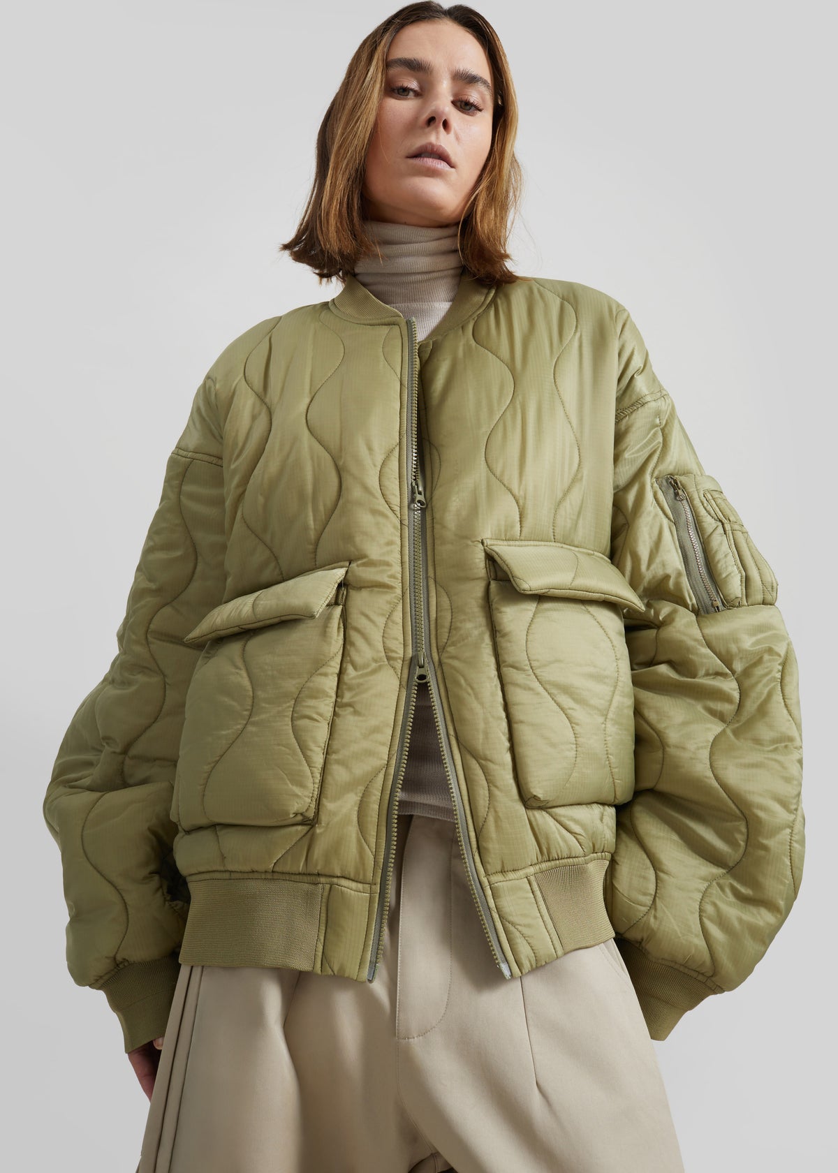 Halsey Quilted Bomber Jacket - Moss Green - 4