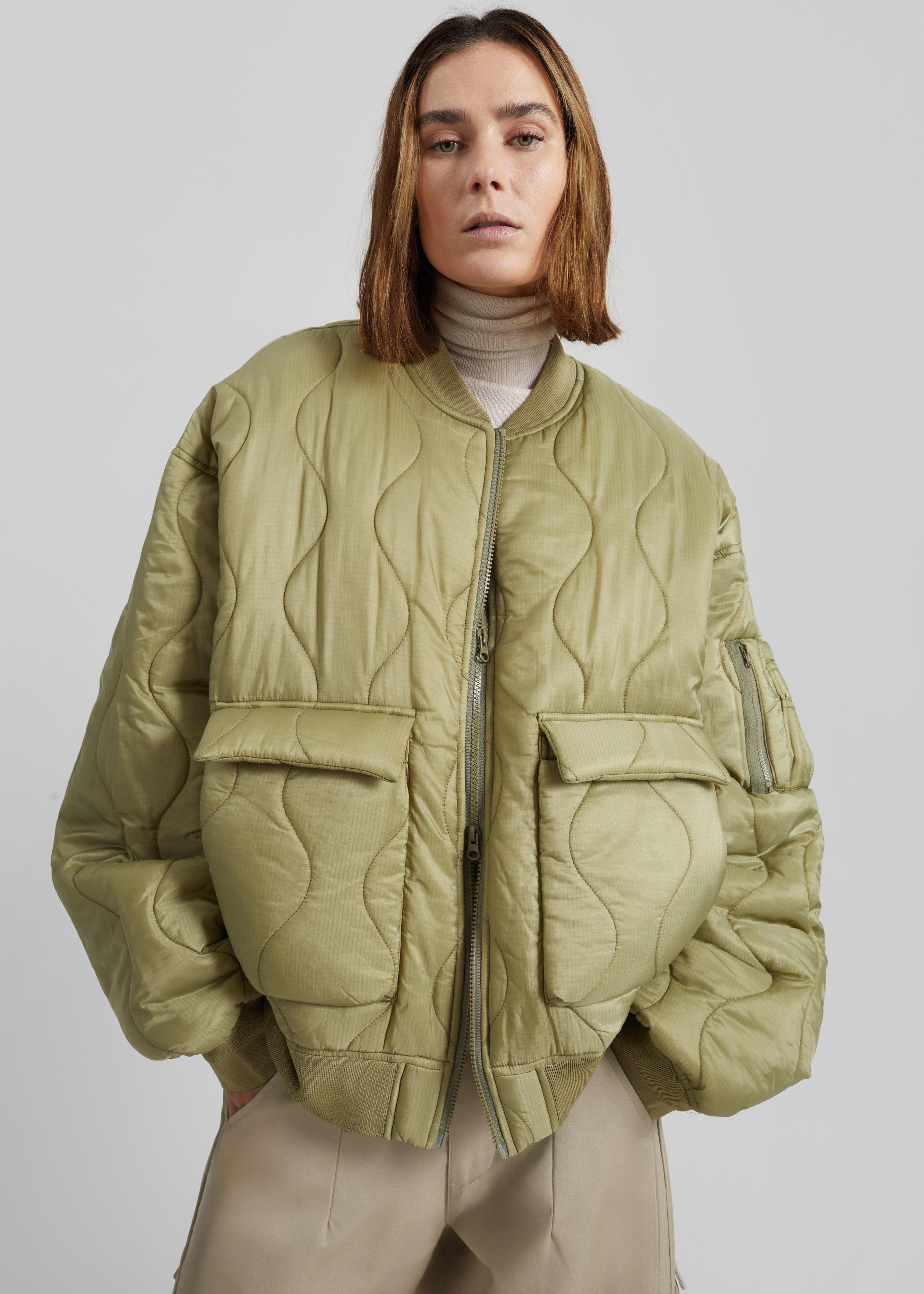 Halsey Quilted Bomber Jacket - Moss Green - 6