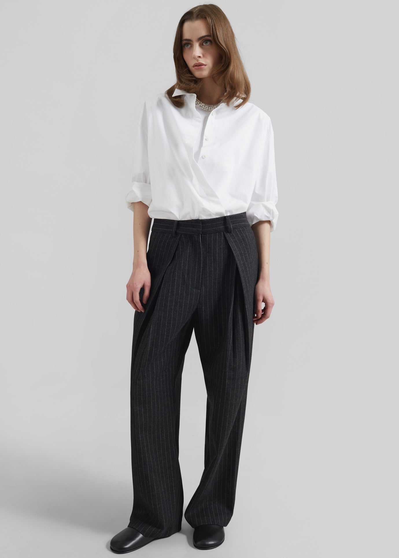 Halvyn Pleated Trousers - Charcoal/White Pinstripe - 1