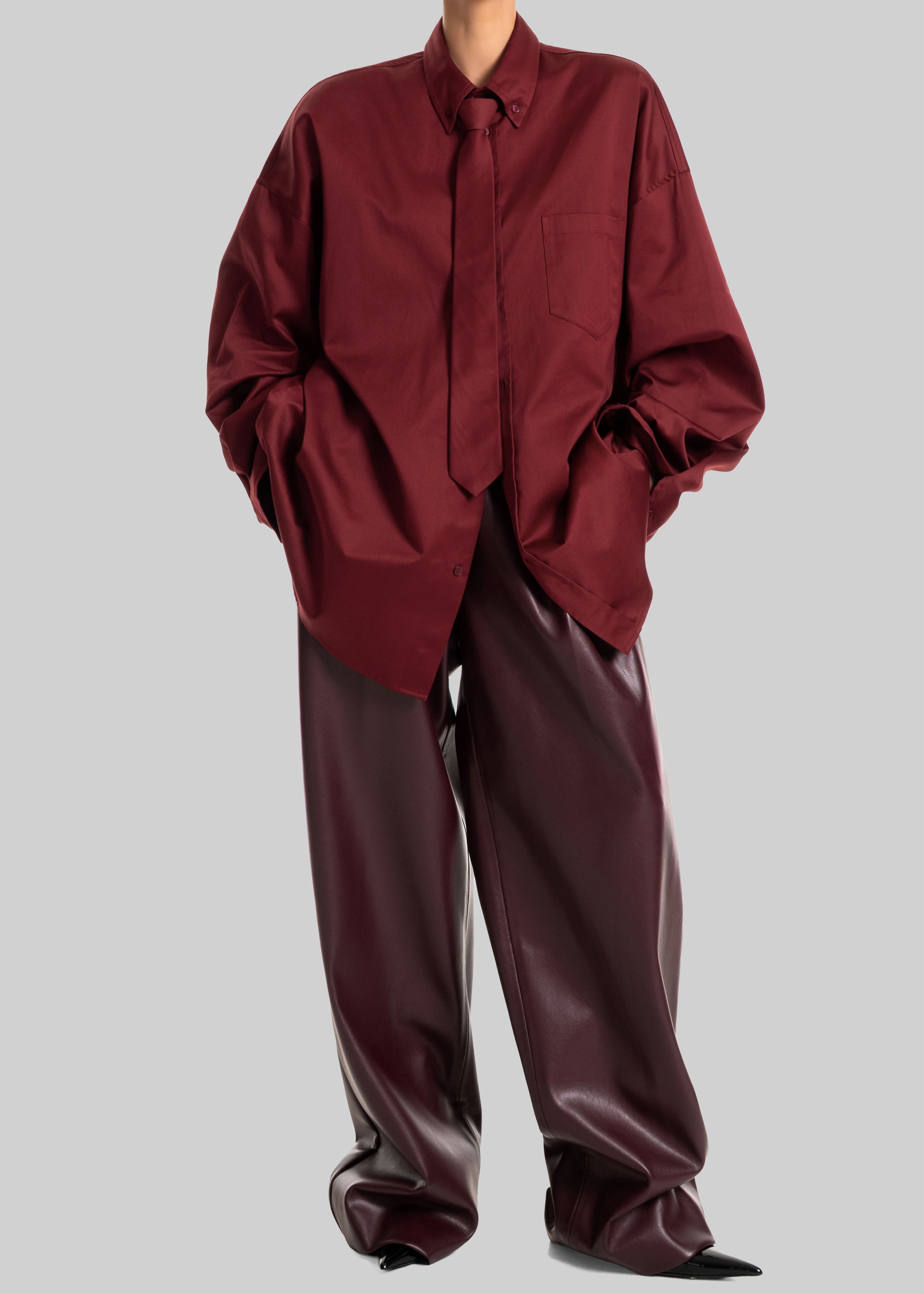 Havelock Oversized Neck-Tie Shirt - Dark Red - 3