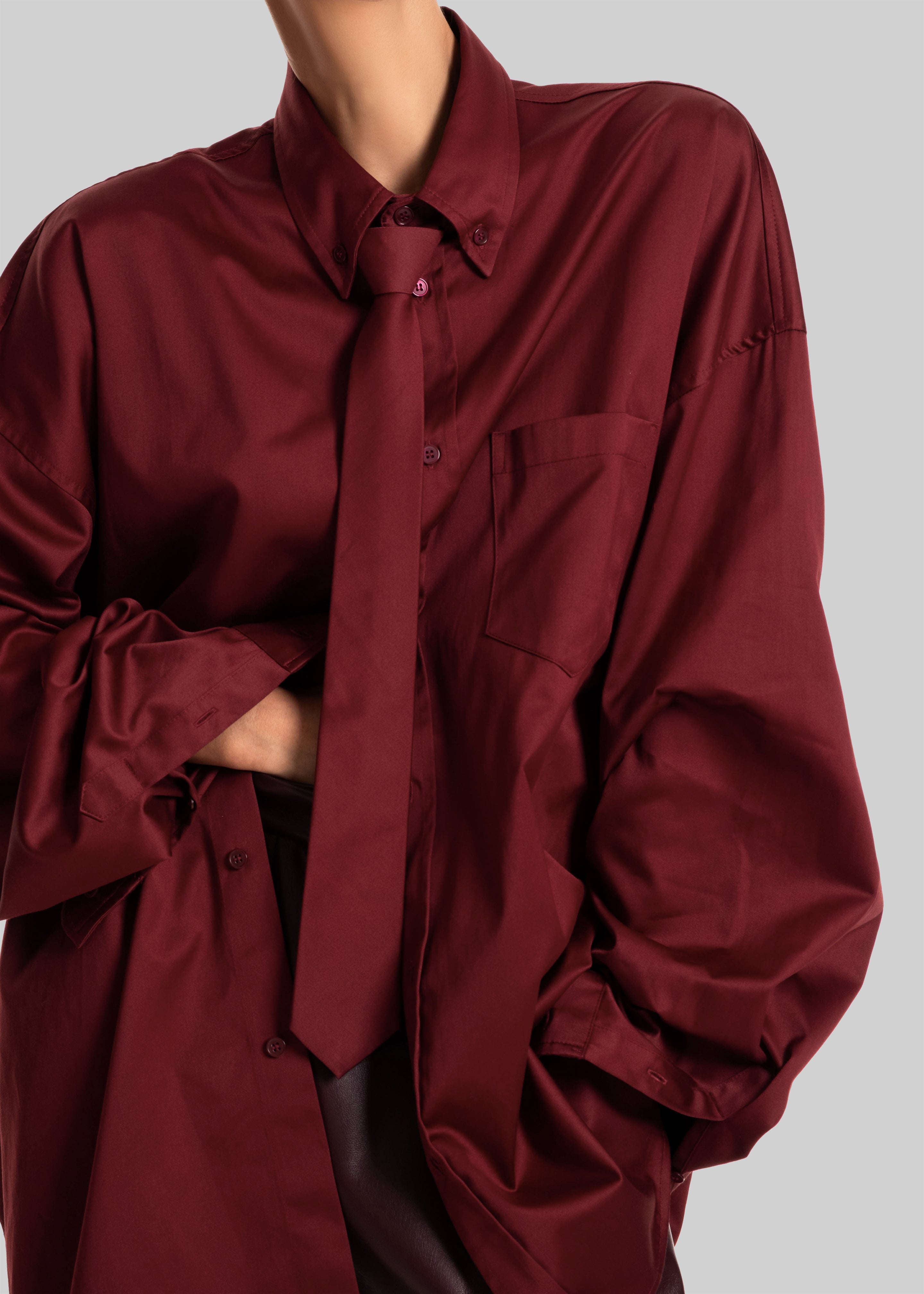 Havelock Oversized Neck-Tie Shirt - Dark Red - 2