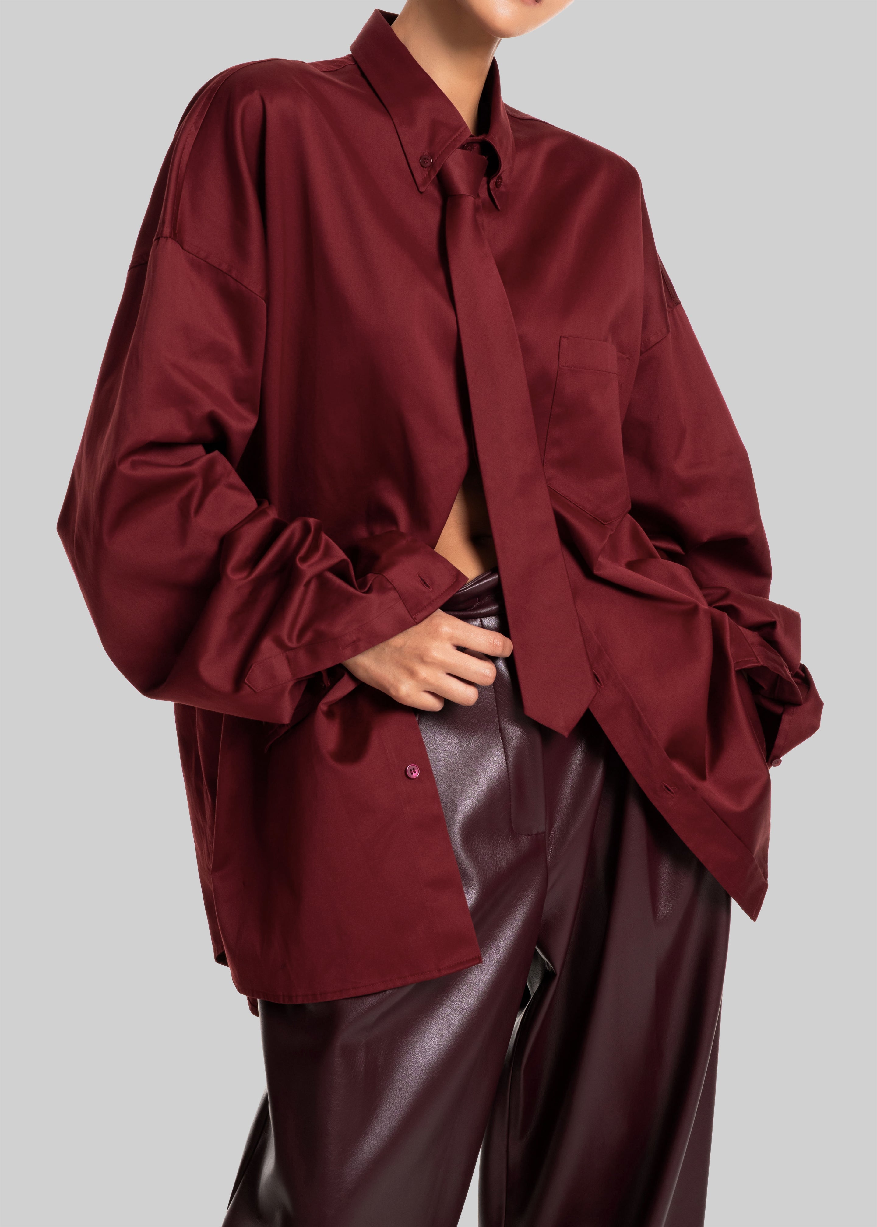 Havelock Oversized Neck-Tie Shirt - Dark Red - 5