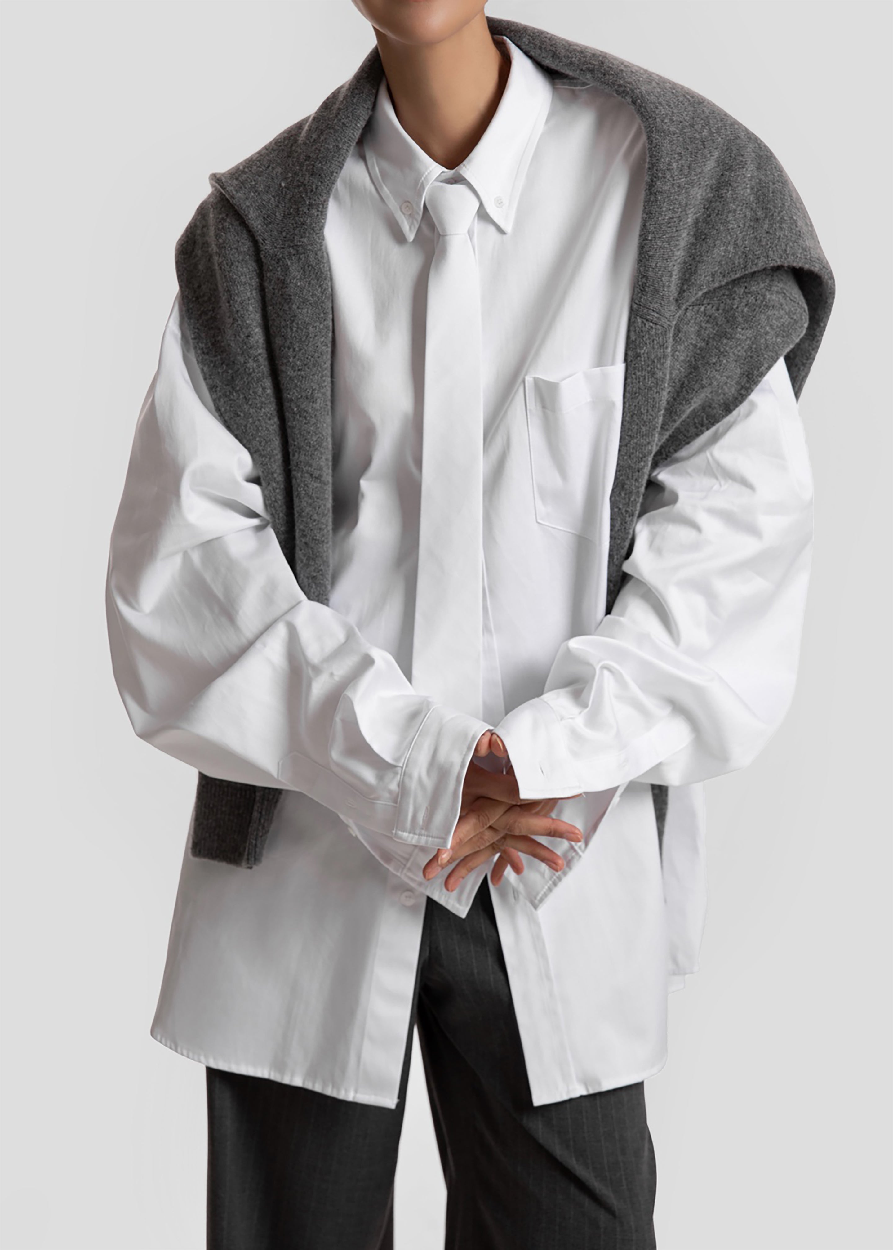 Havelock Oversized Neck-Tie Shirt - White - 1