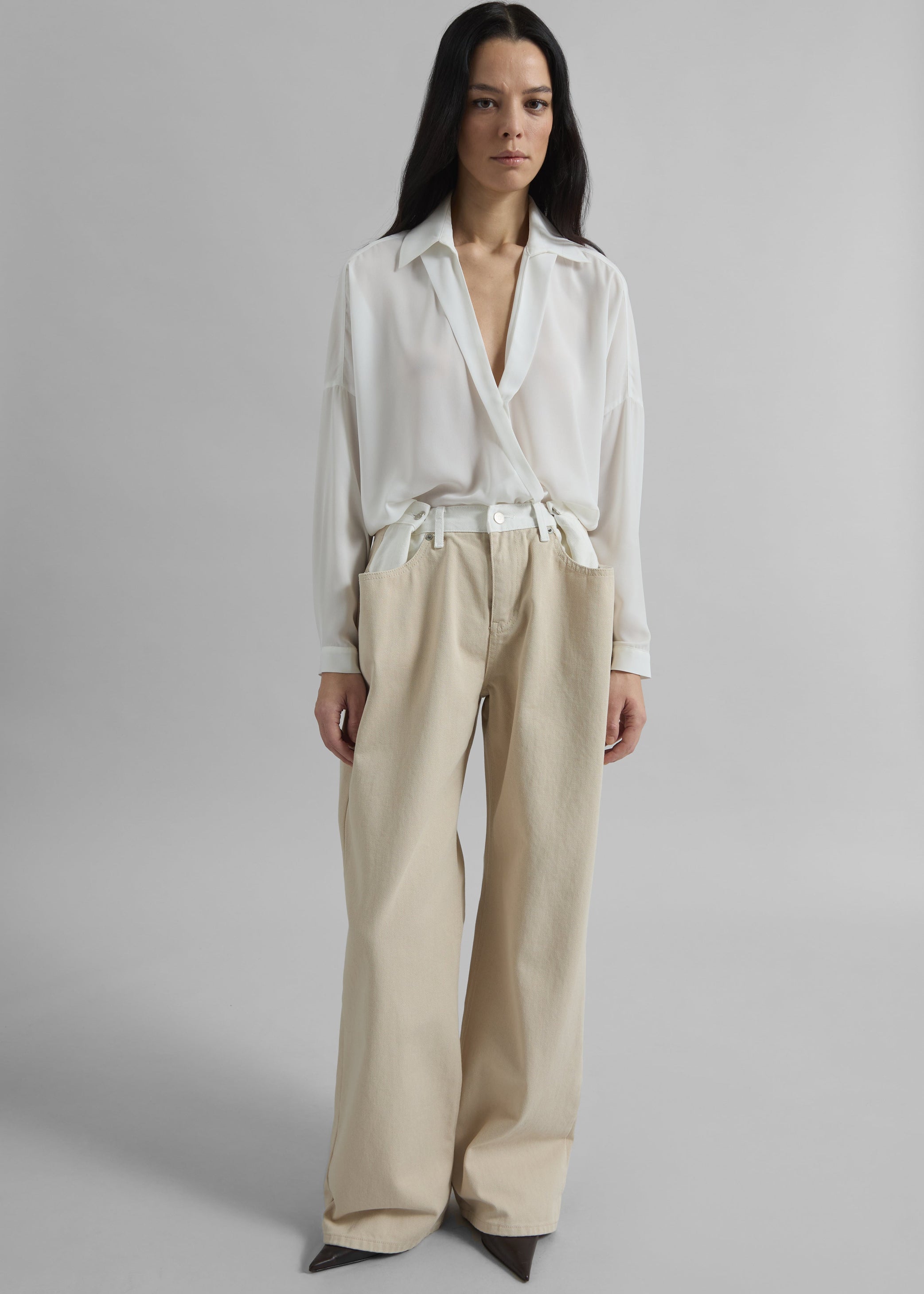 Shop the look image for Hayla Contrast Denim Pants - Beige/Off White