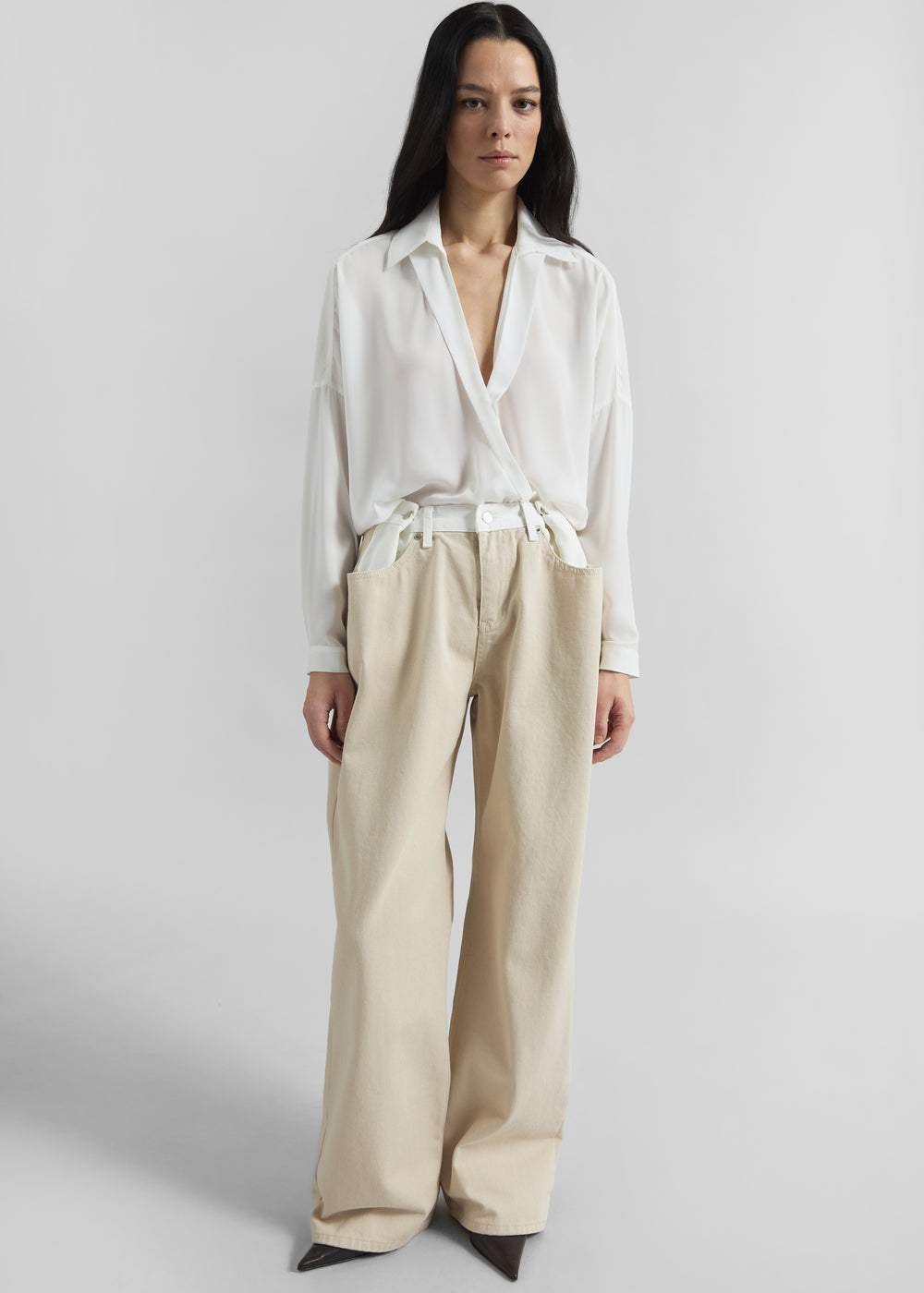 Hayla Contrast Denim Pants - Beige/Off White