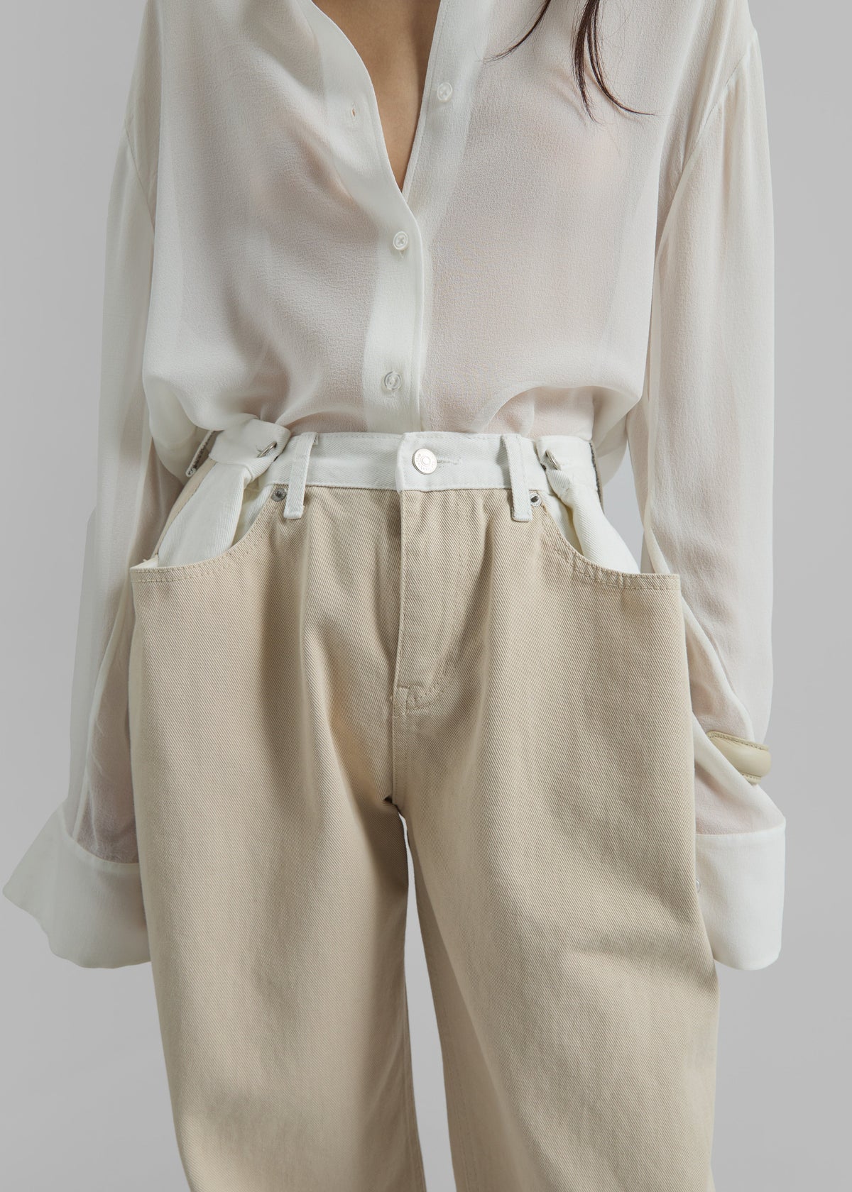 Hayla Contrast Denim Pants - Beige/Off White - 3