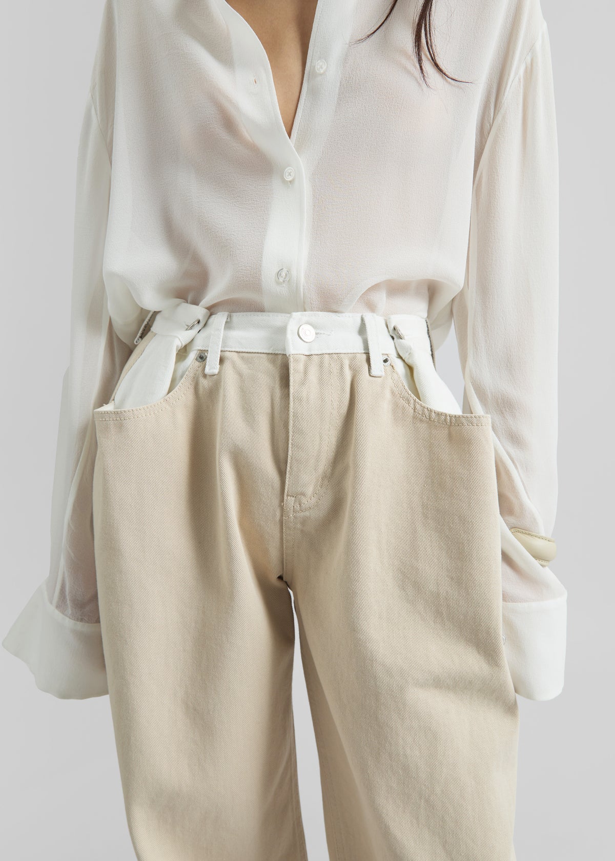 Hayla Contrast Denim Pants - Beige/Off White - 3