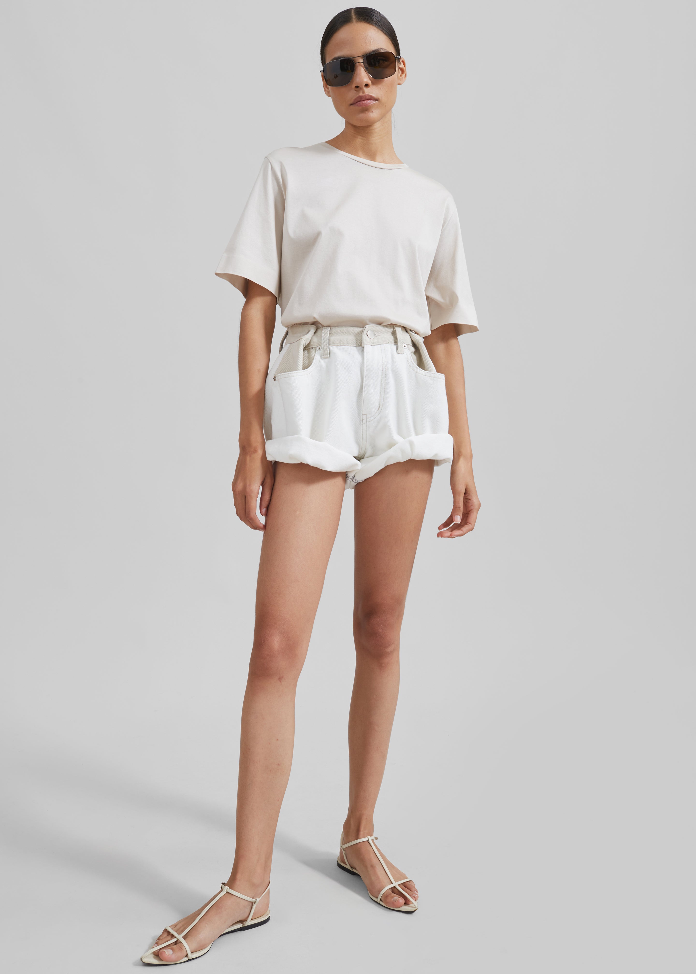 Hayla Contrast Denim Shorts - Off White/Beige - 11