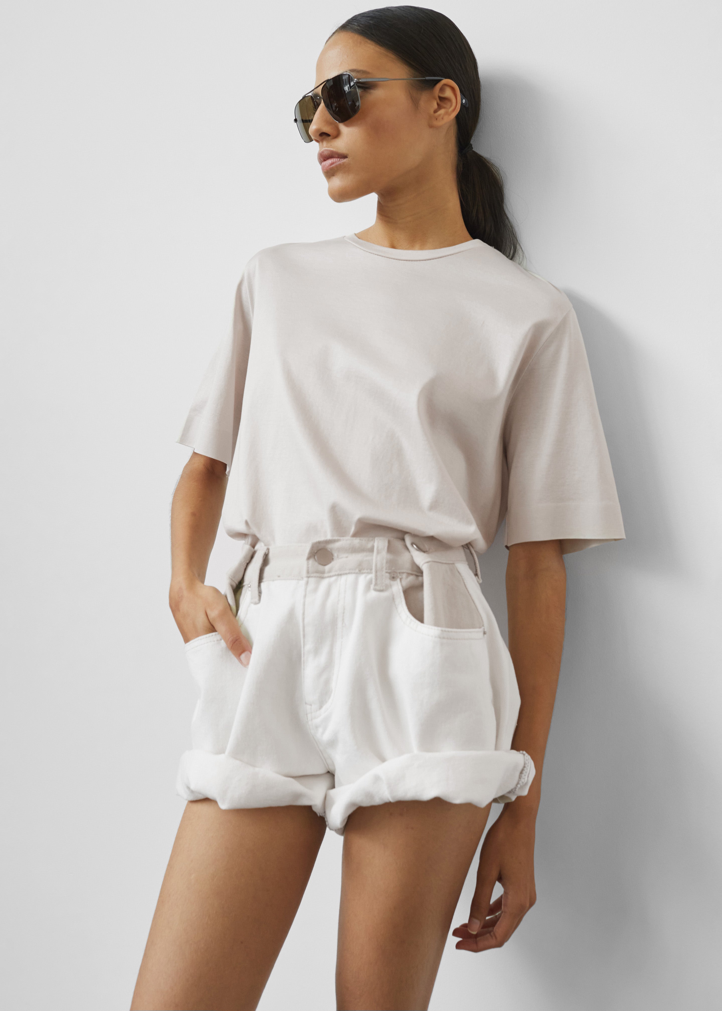 Hayla Contrast Denim Shorts - Off White/Beige - 4