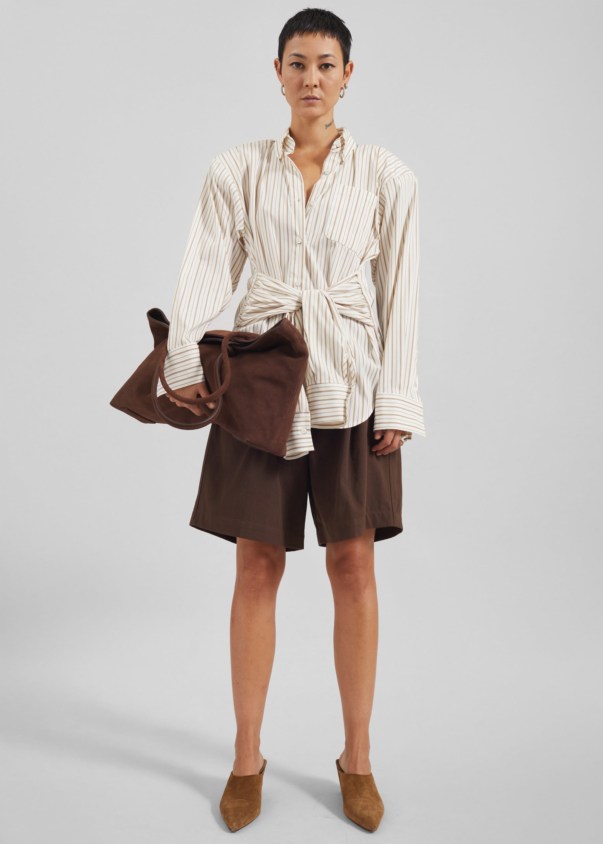 Shop the look image for Heaton Double-Sleeve Padded Shirt - White/Brown Stripe
