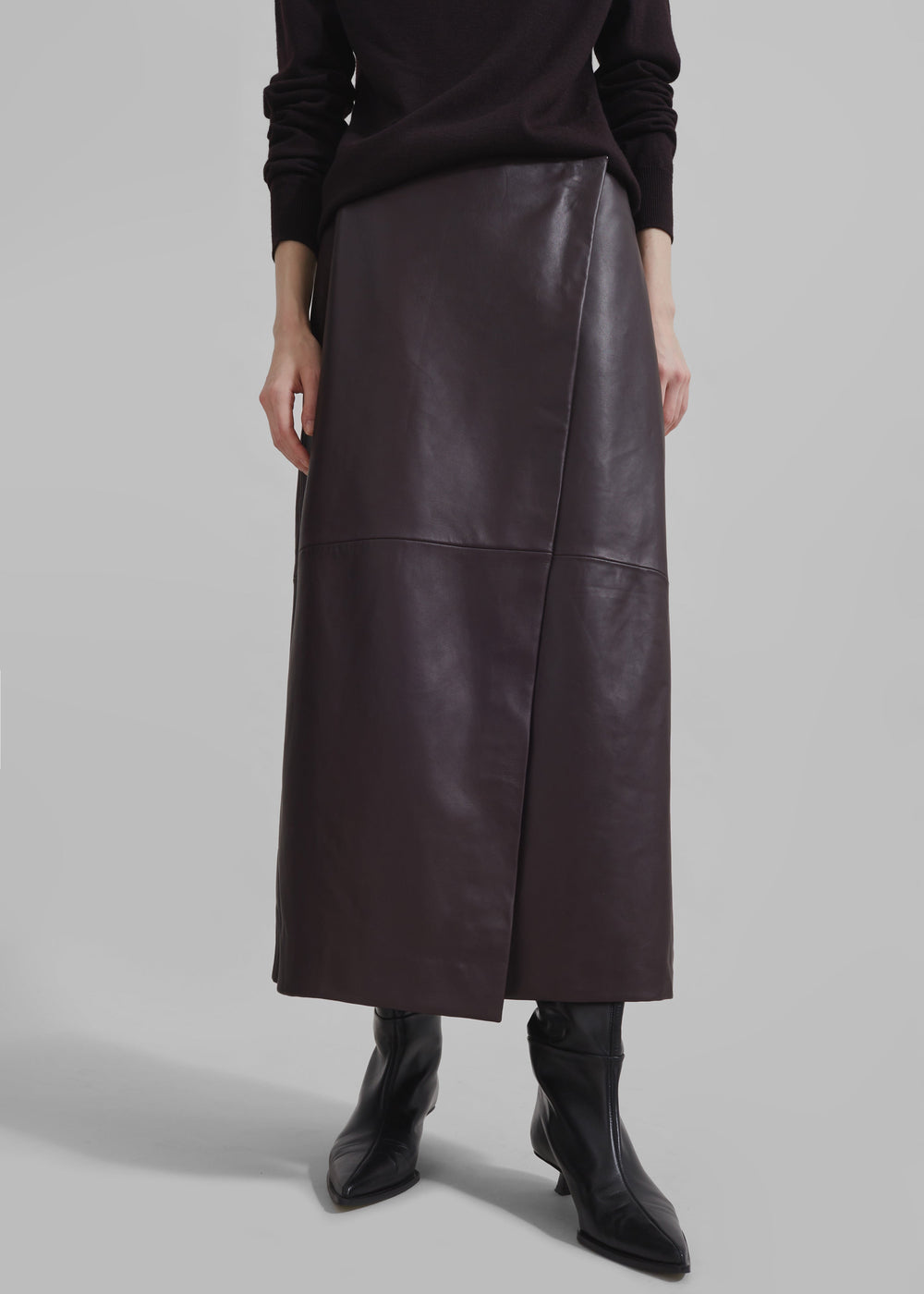 Hedi Leather Midi Wrap Skirt - Dark Plum - 1