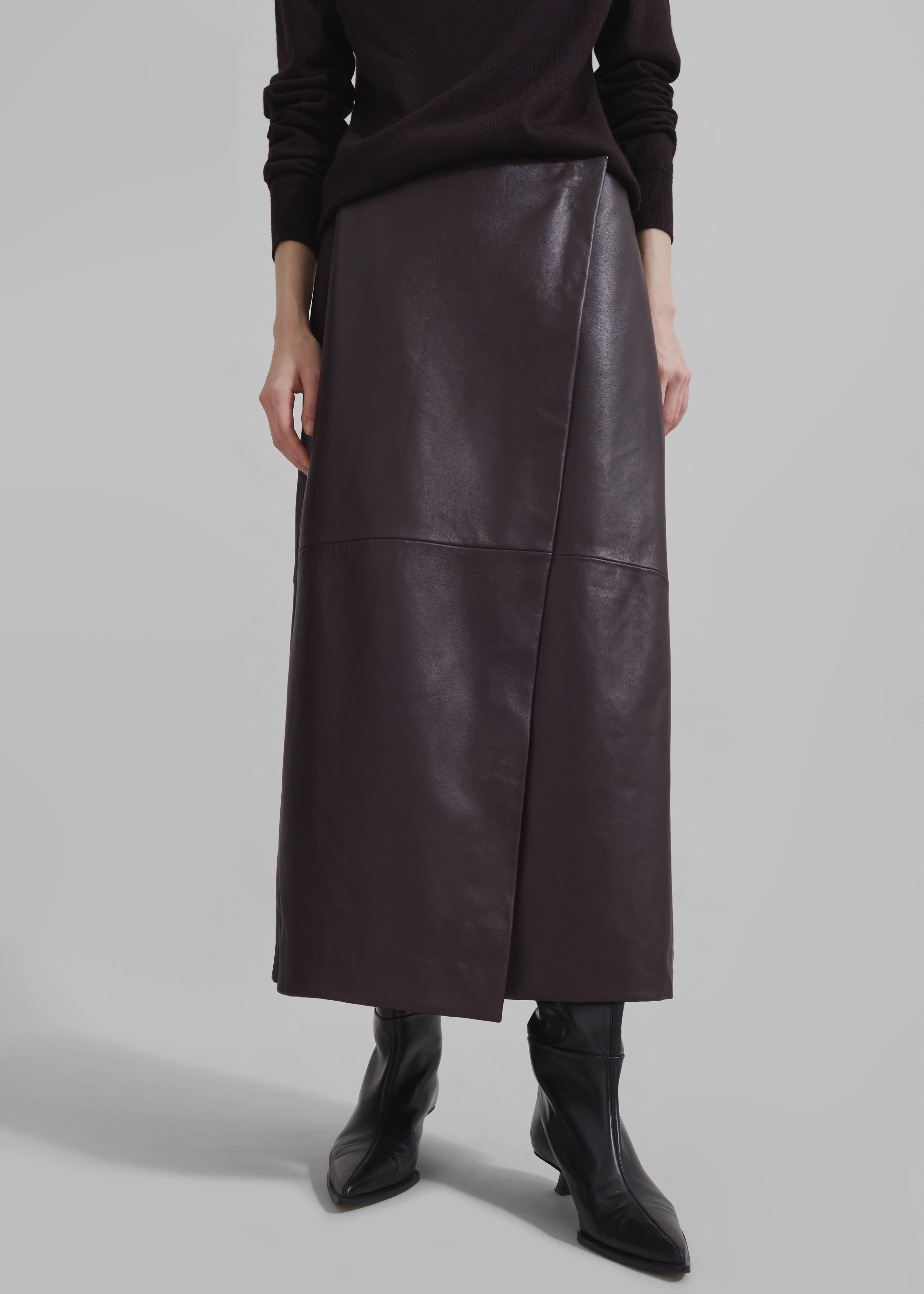 Hedi Leather Midi Wrap Skirt - Dark Plum - 2