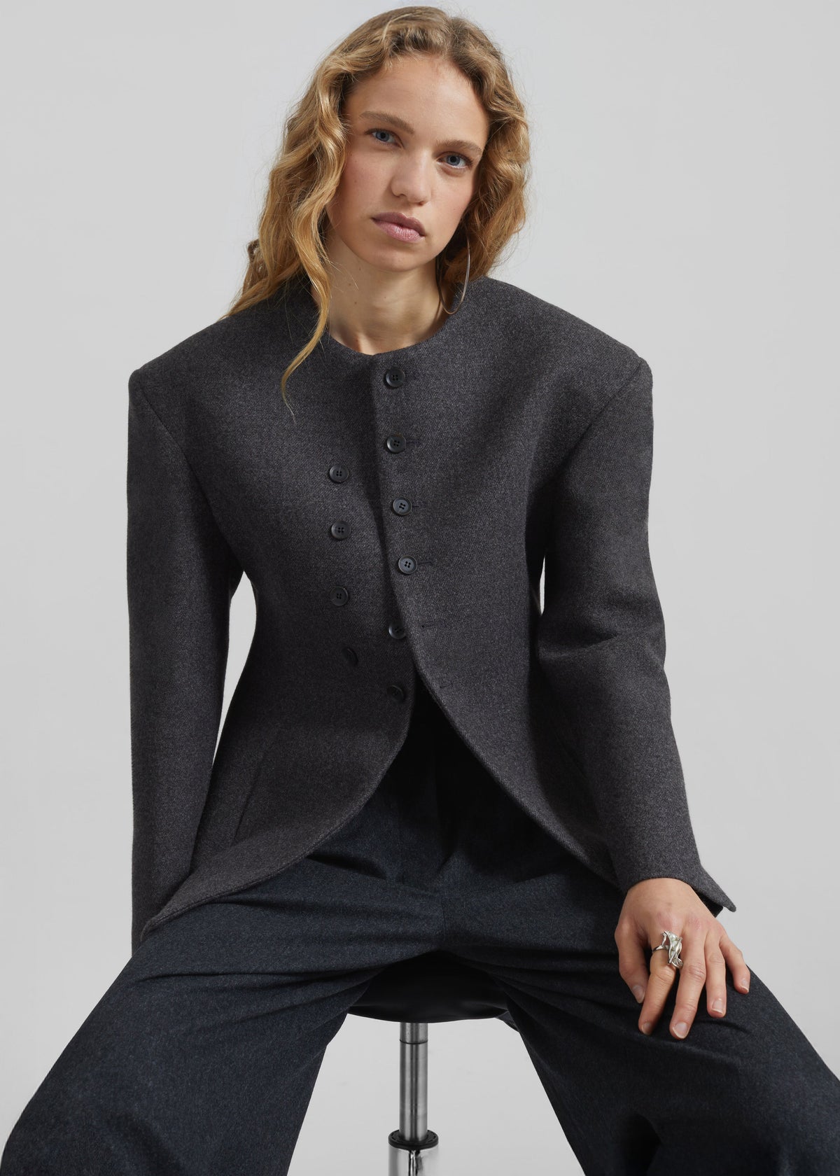 Helga Collarless Tailored Blazer - Dark Grey - 1