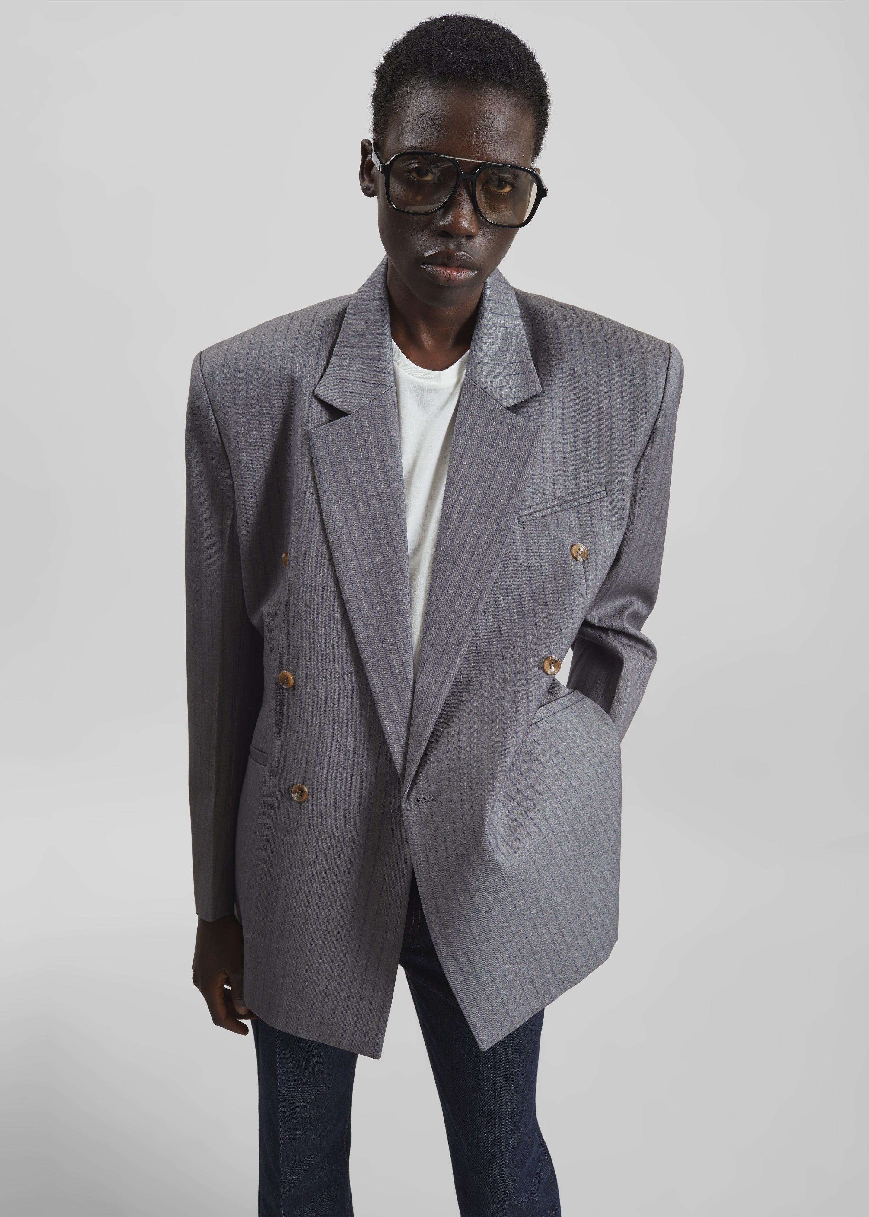 専用 渋谷 Time is on BUTTON DOUBLE BREASTED Helmond Double-Breasted Blazer - Grey Multi Stripe – The Frankie