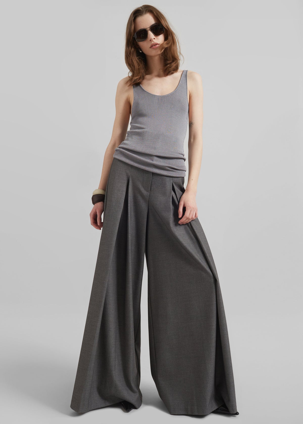 Hemer Pleated Wide Leg Trousers - Grey - 7