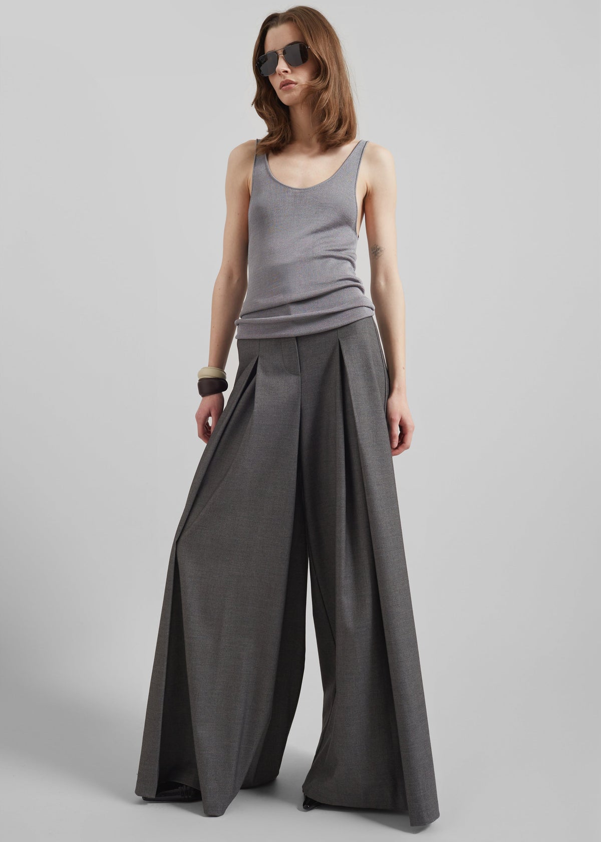 Hemer Pleated Wide Leg Trousers - Grey - 4