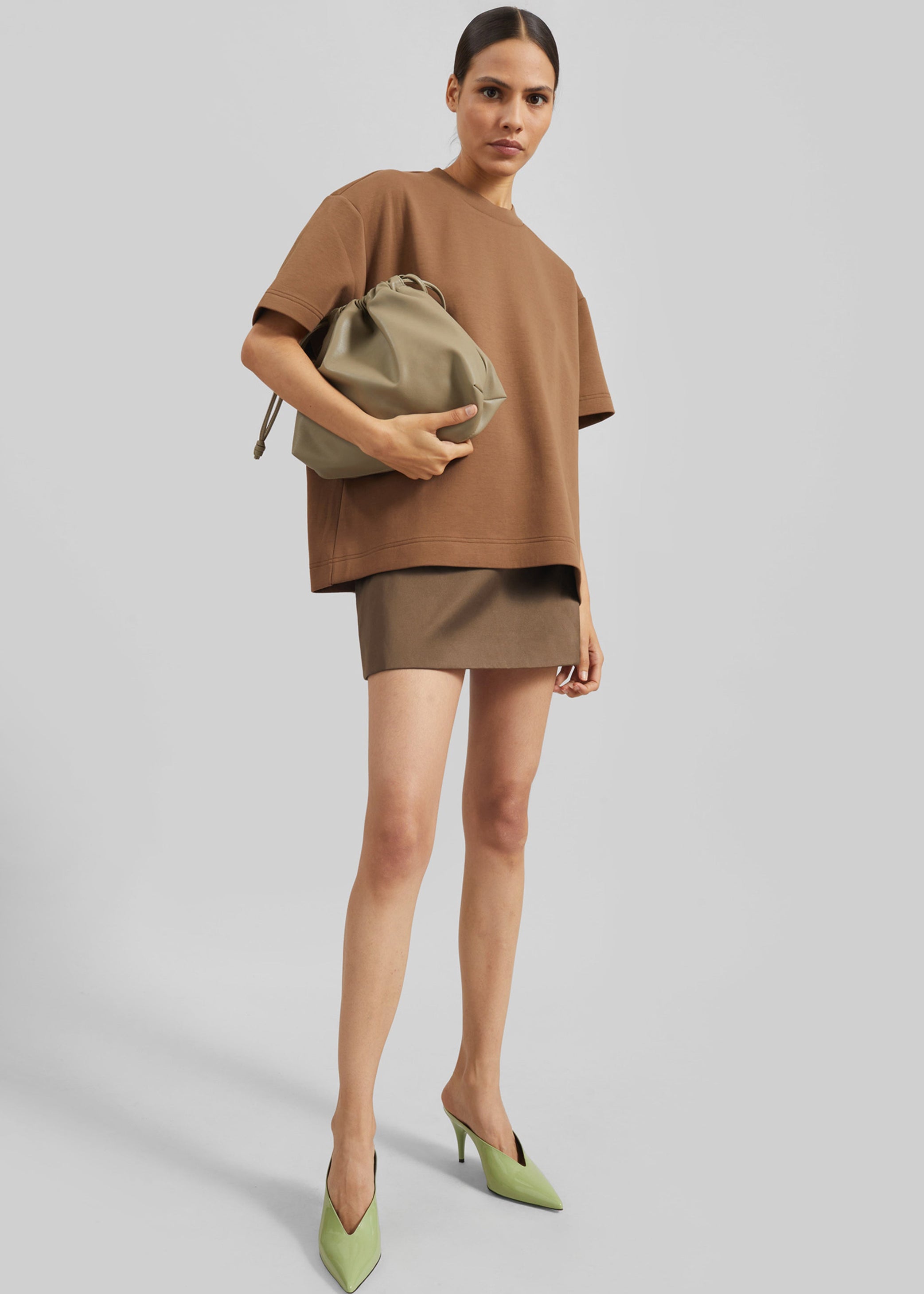 Shop the look image for Hera Satin Mini Skirt - Brown