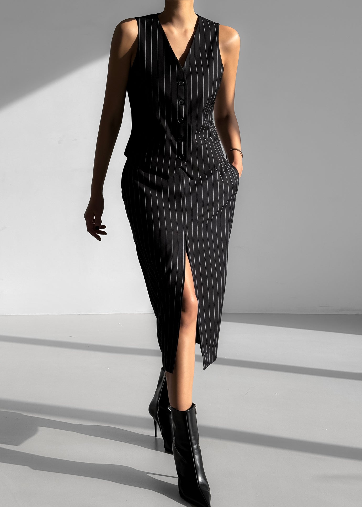 Holland Midi Slit Skirt - Black/White Pinstripe
