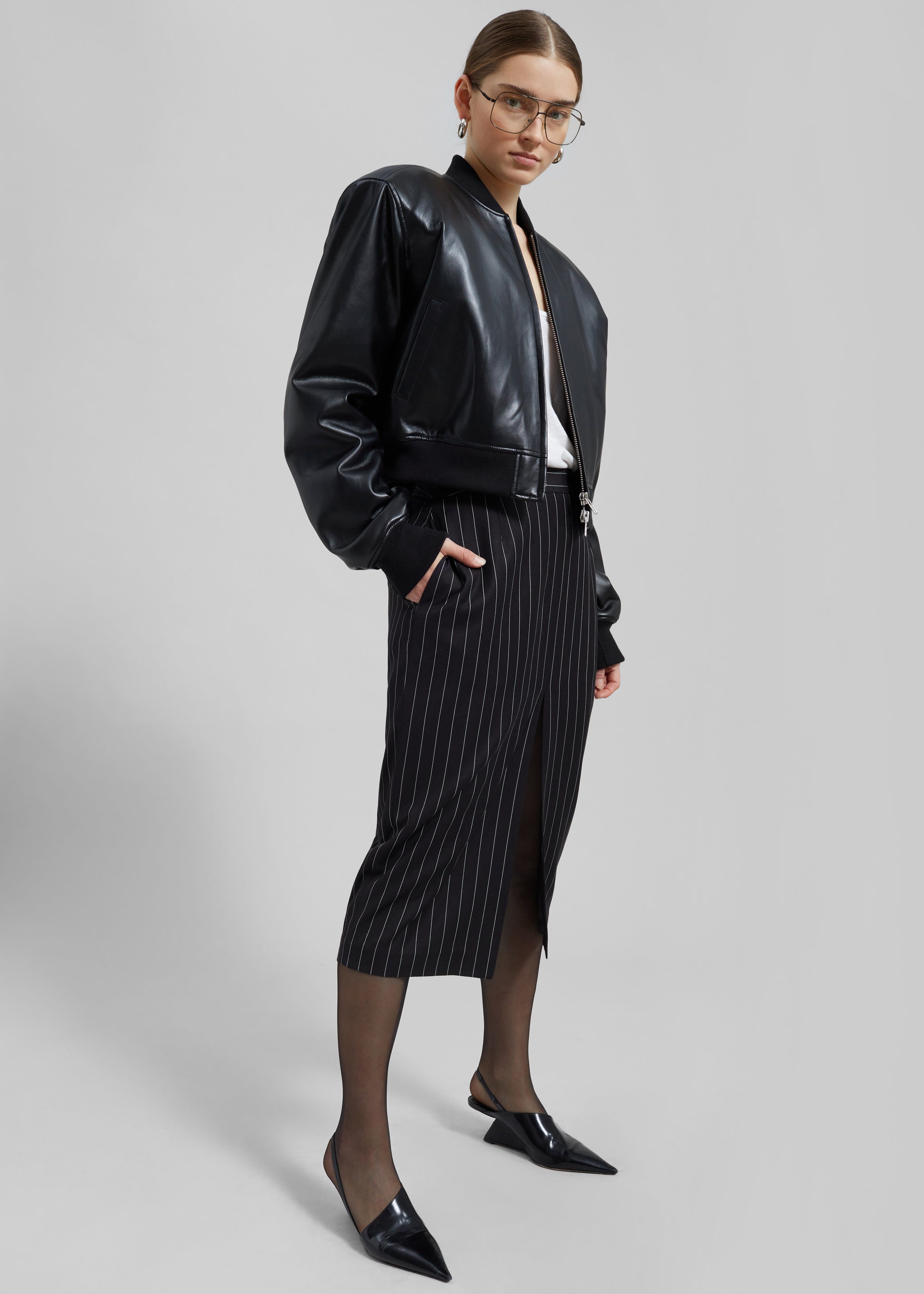 Shop the look image for Holland Midi Slit Skirt - Black/White Pinstripe