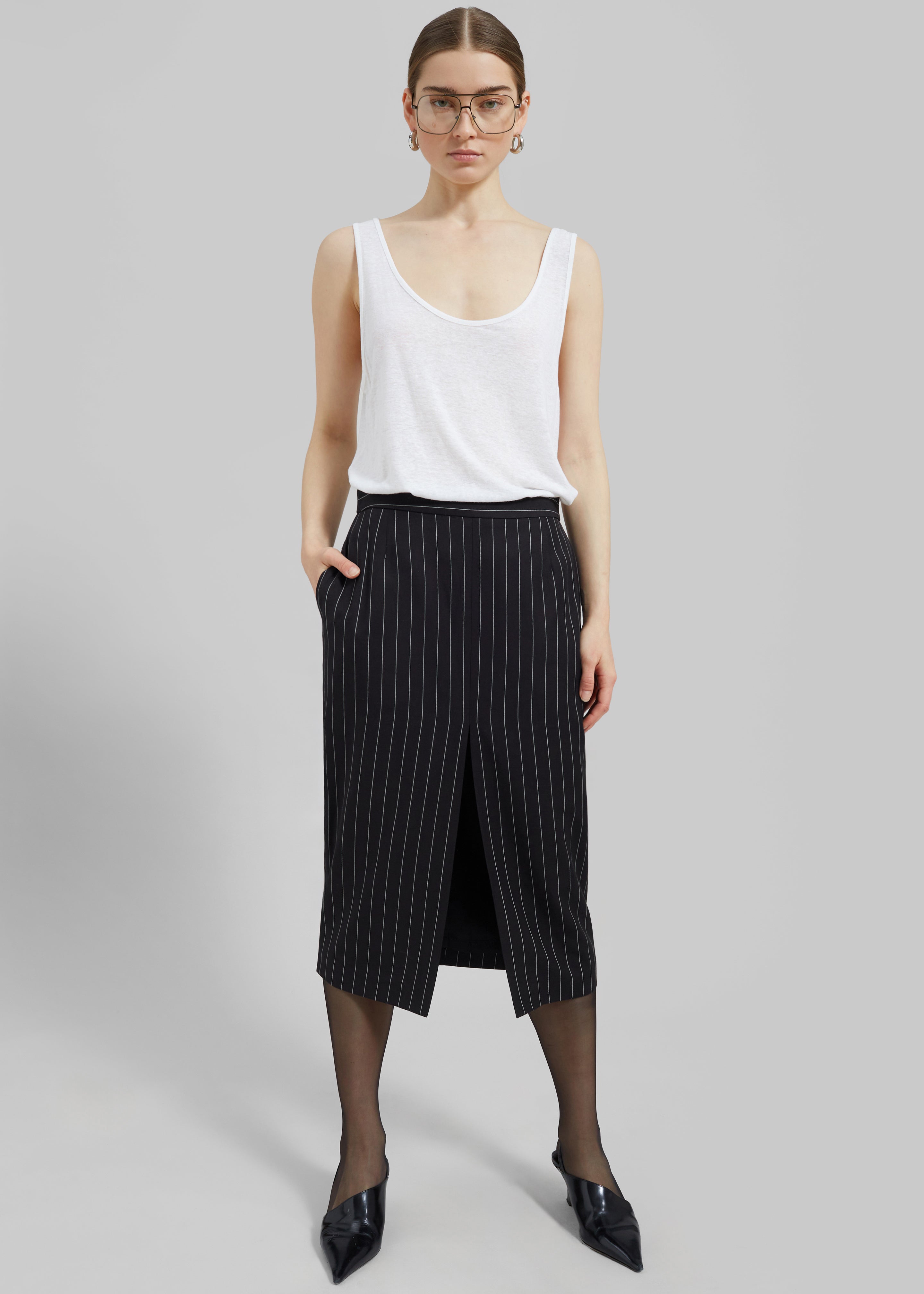 Holland Midi Slit Skirt - Black/White Pinstripe - 6