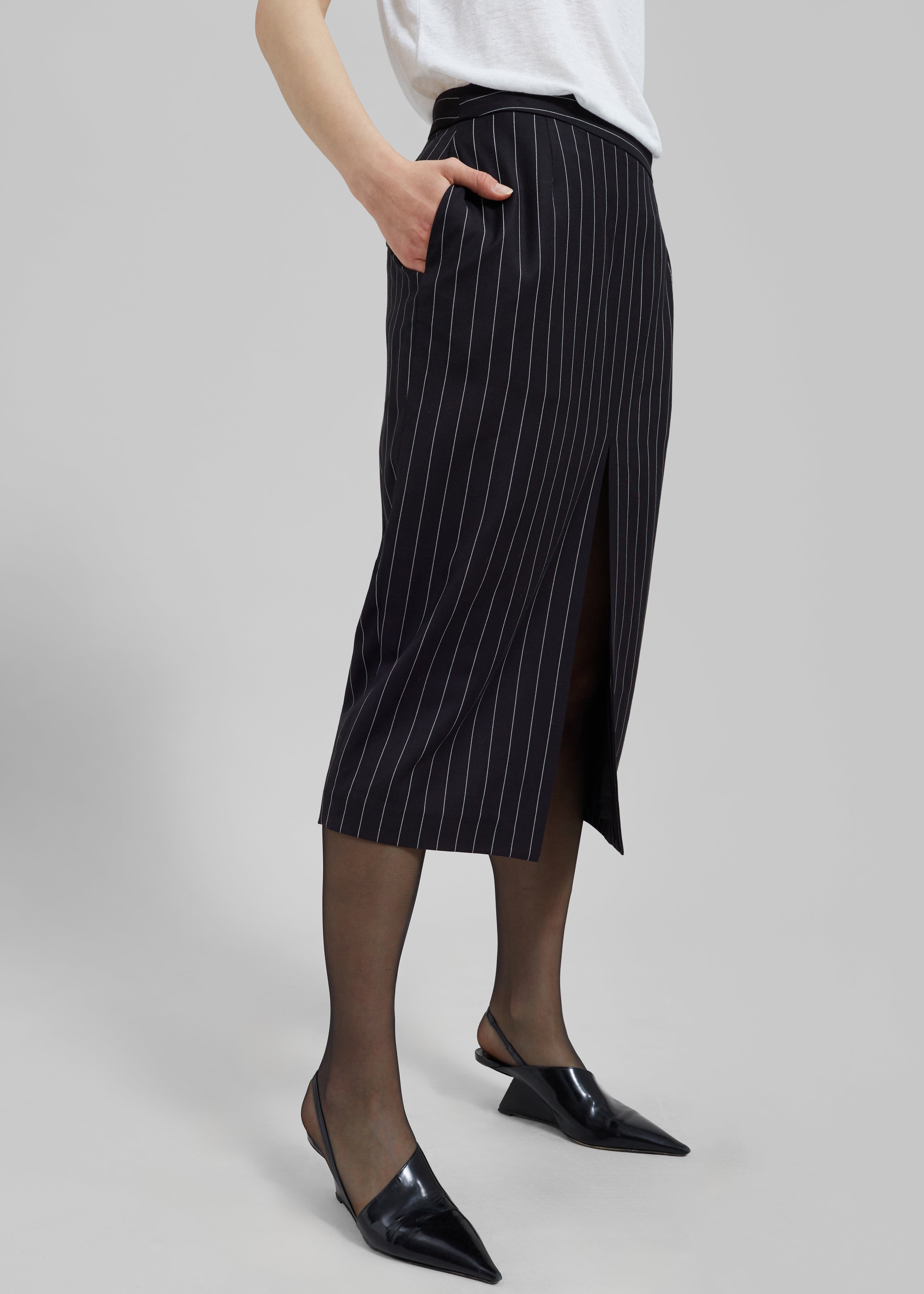 Holland Midi Slit Skirt - Black/White Pinstripe - 3
