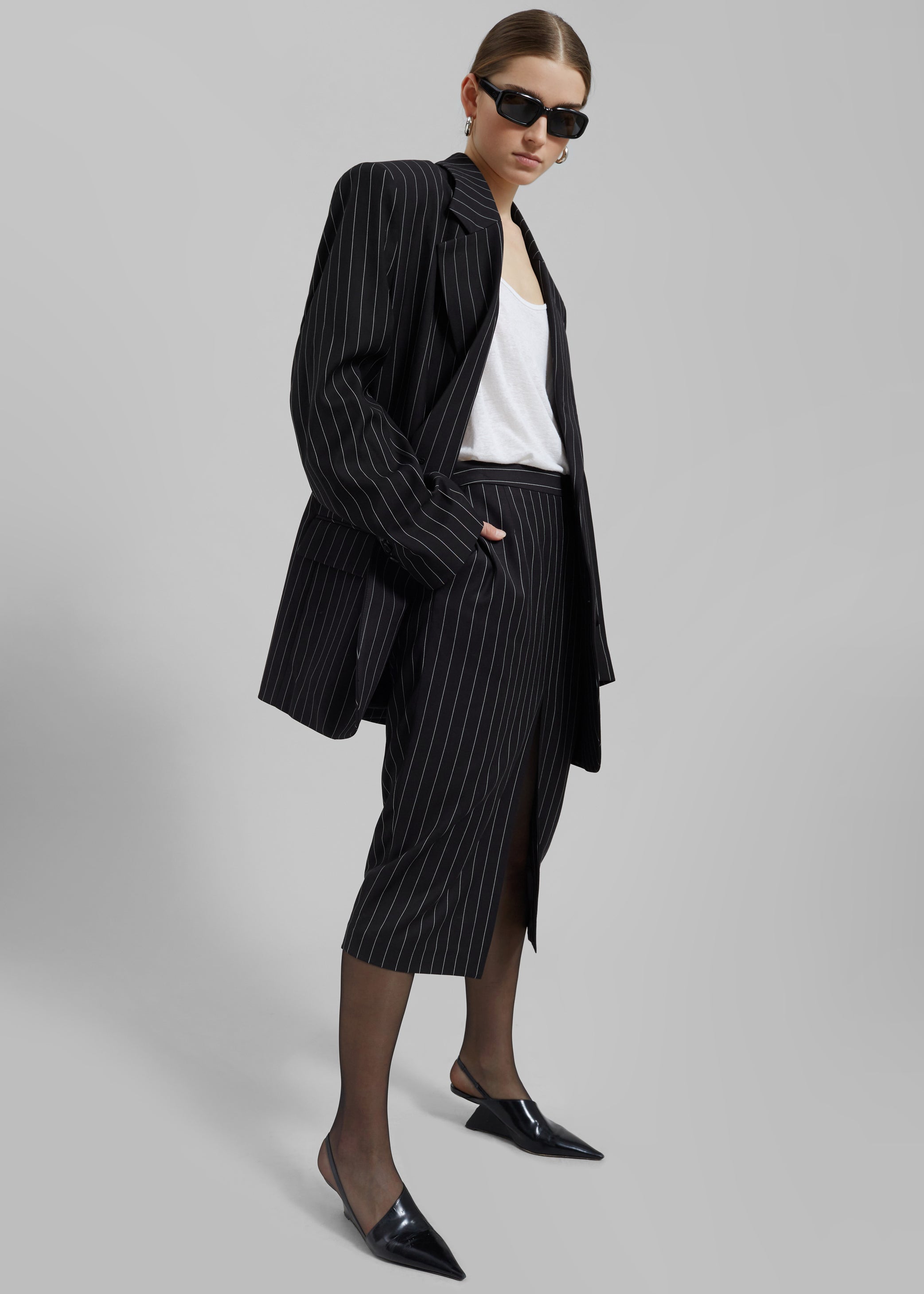 Shop the look image for Holland Midi Slit Skirt - Black/White Pinstripe