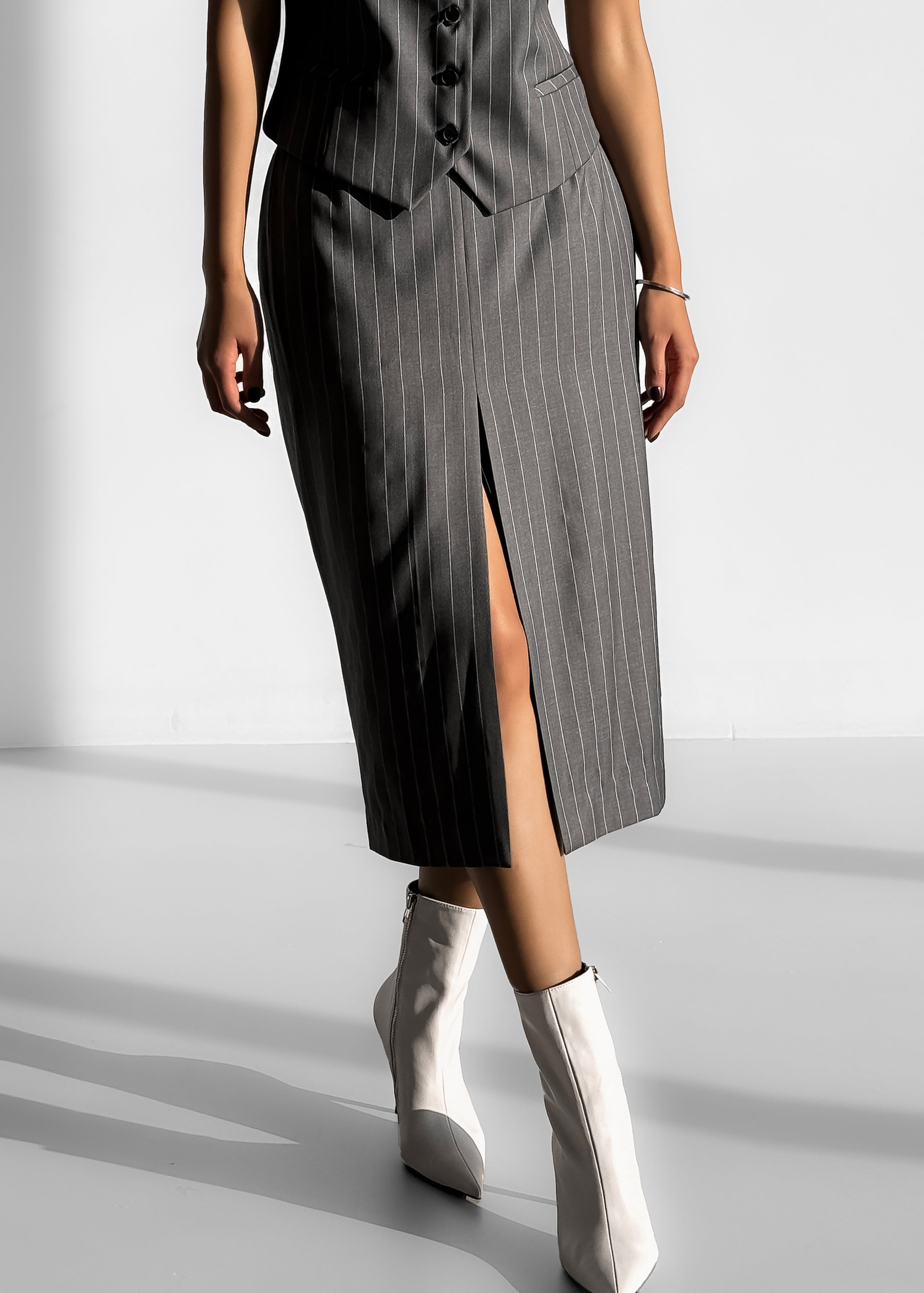 Holland Midi Slit Skirt - Charcoal/White Pinstripe - 5