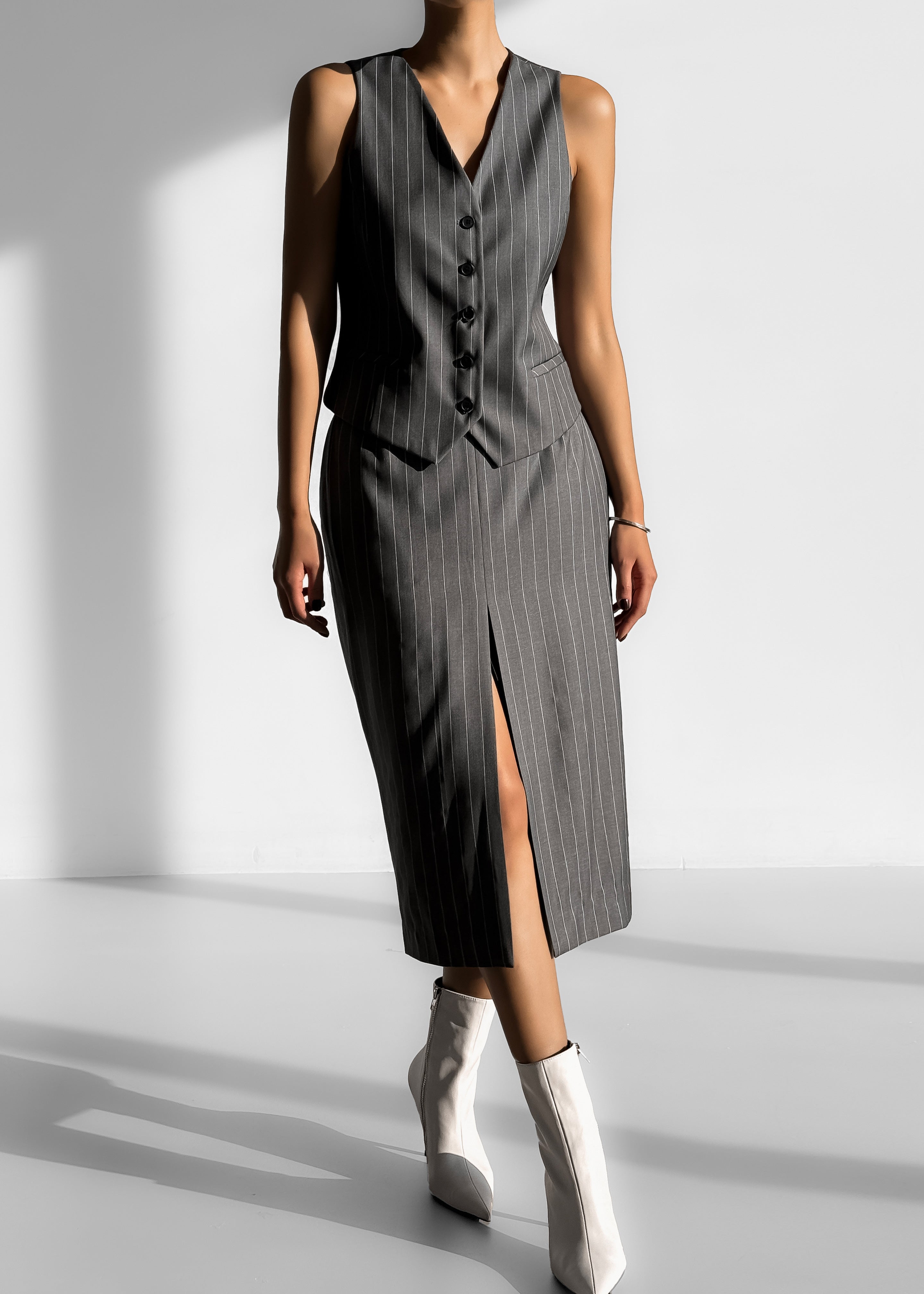 Holland Midi Slit Skirt - Charcoal/White Pinstripe - 3