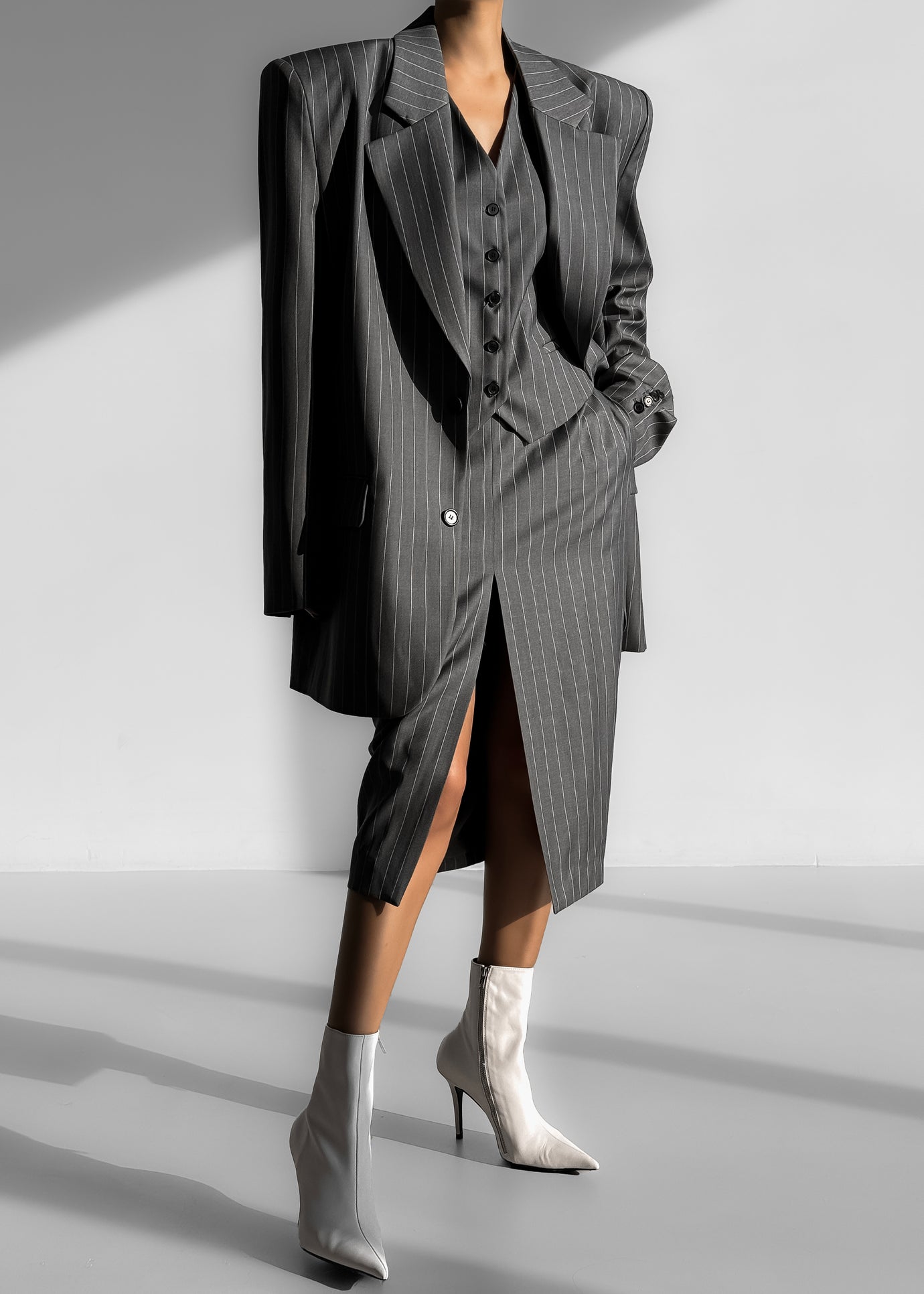 Holland Midi Slit Skirt - Charcoal/White Pinstripe